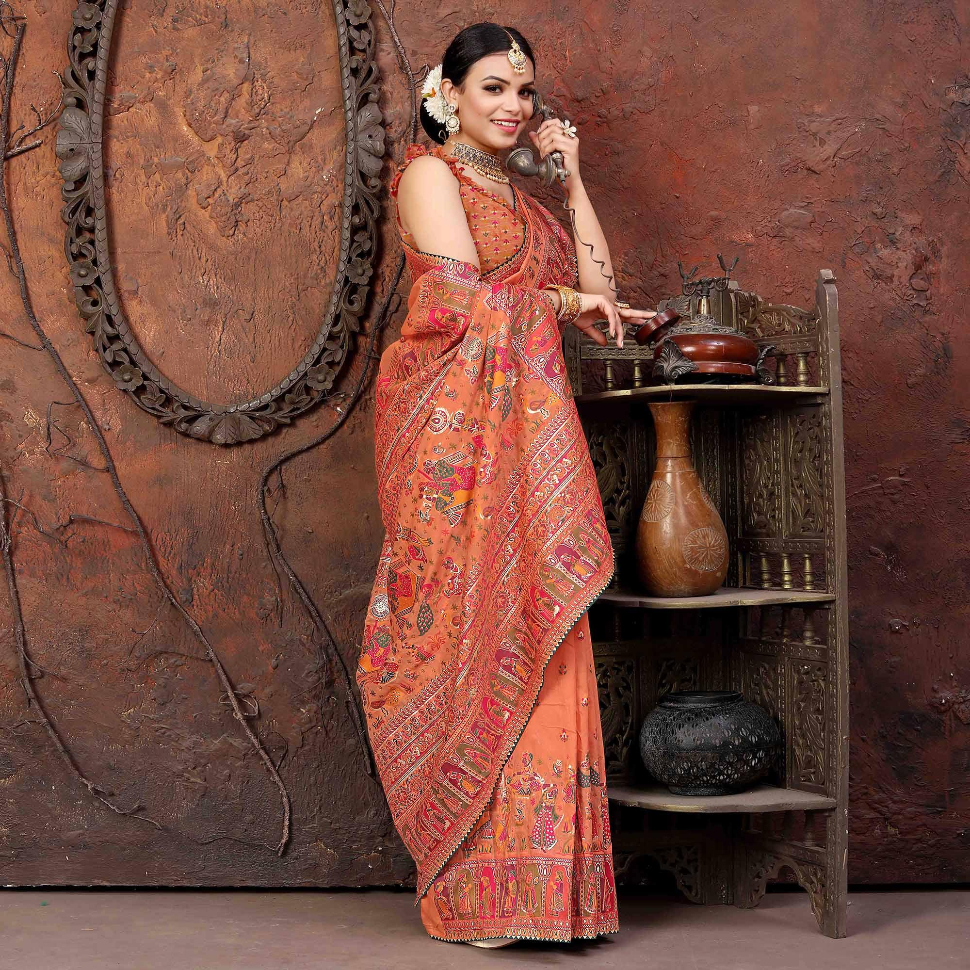 Orange Woven With Gota Patti Border Chanderi Saree - Peachmode