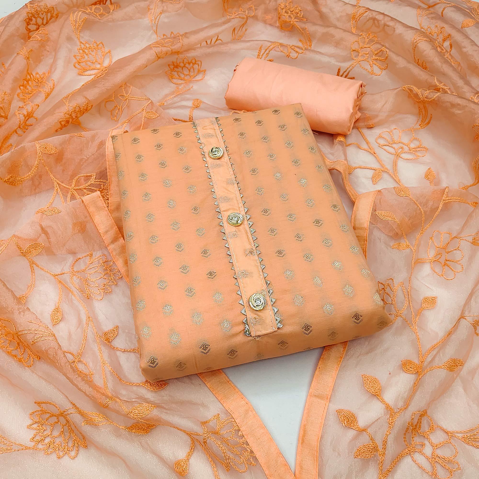 Orange Woven With Gota Work Cotton Blend Dress Material - Peachmode
