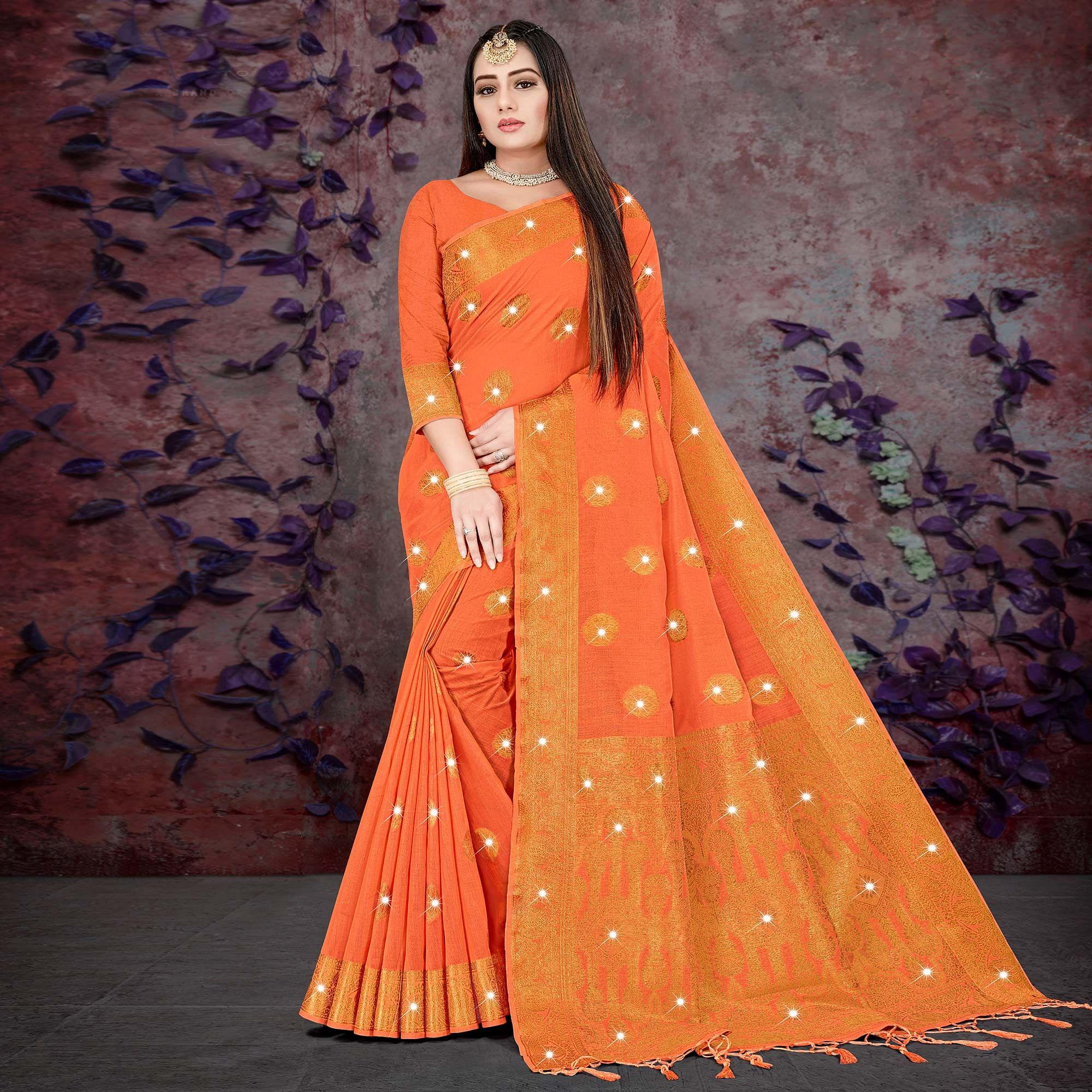 Orange Woven With Swarovski Cotton Silk Saree - Peachmode