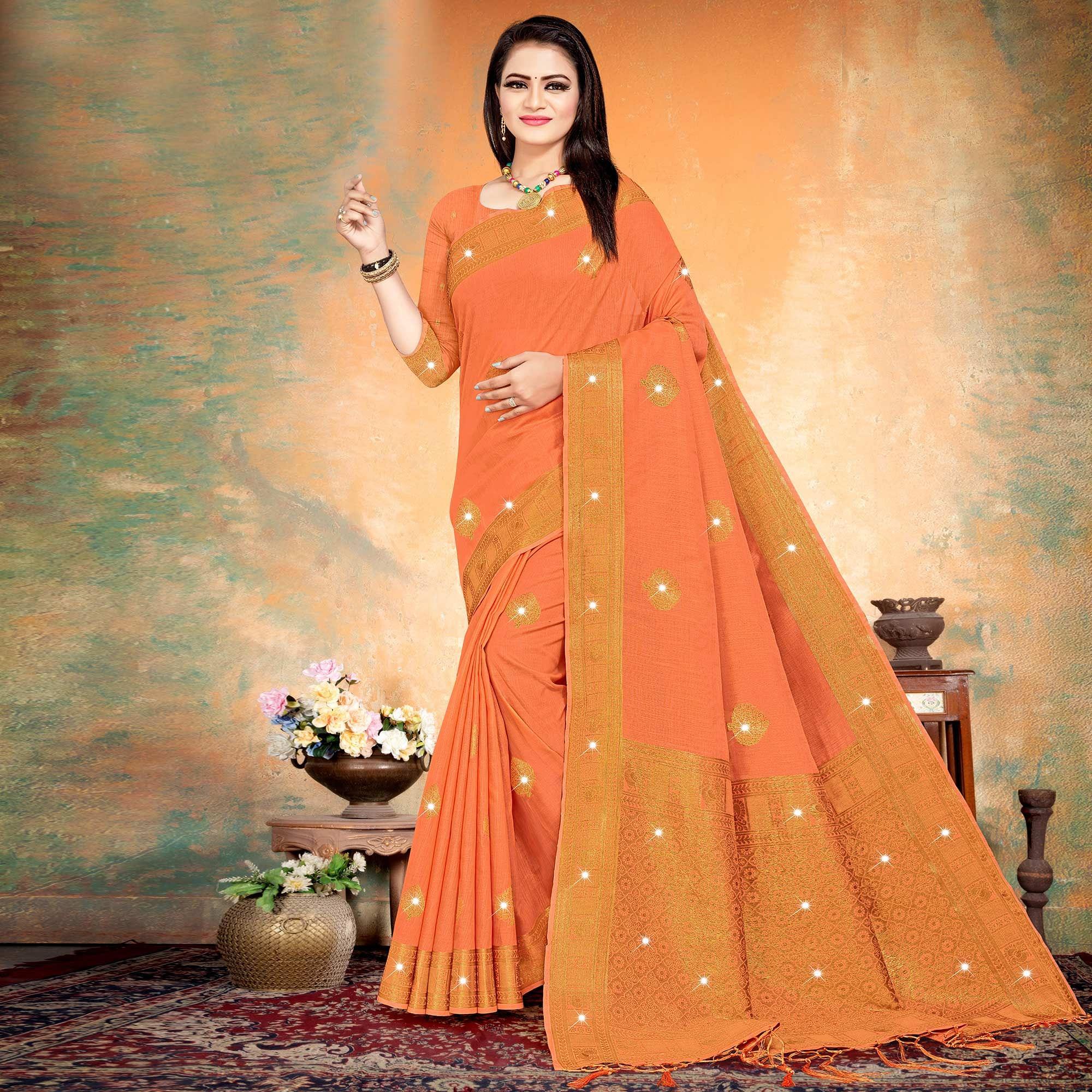 Orange Woven With Swarovski Cotton Silk Saree - Peachmode