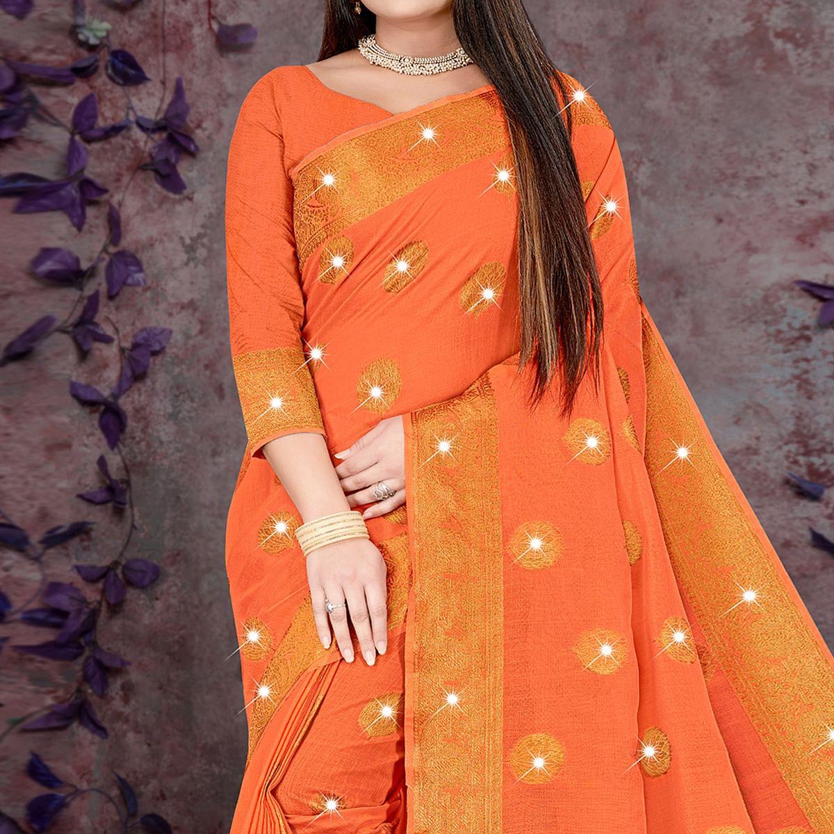 Orange Woven With Swarovski Cotton Silk Saree - Peachmode