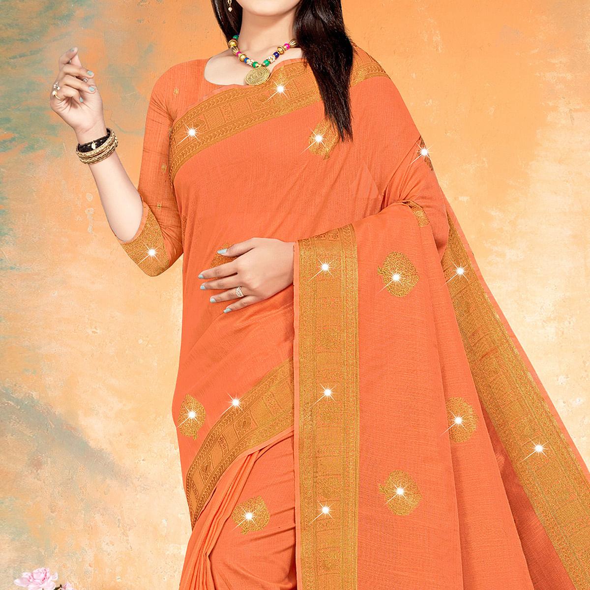 Orange Woven With Swarovski Cotton Silk Saree - Peachmode