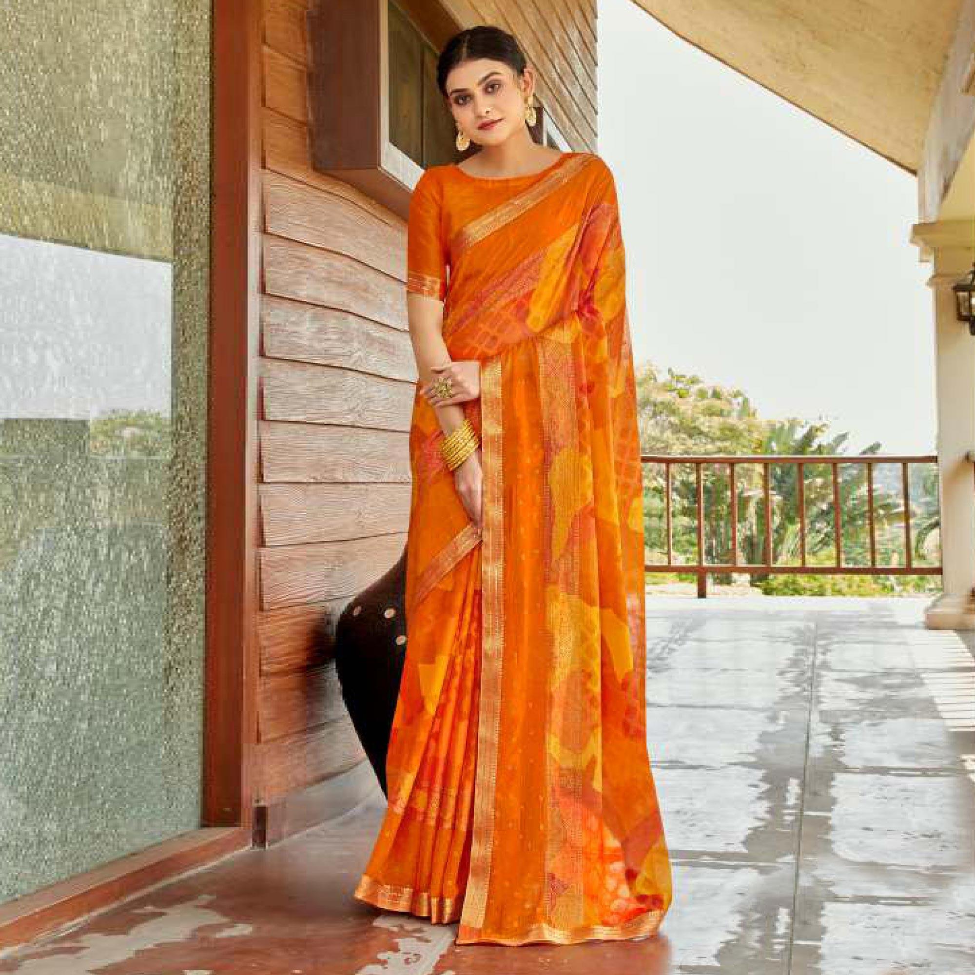 Orange - Yellow Casual Wear Printed Brasso Saree - Peachmode