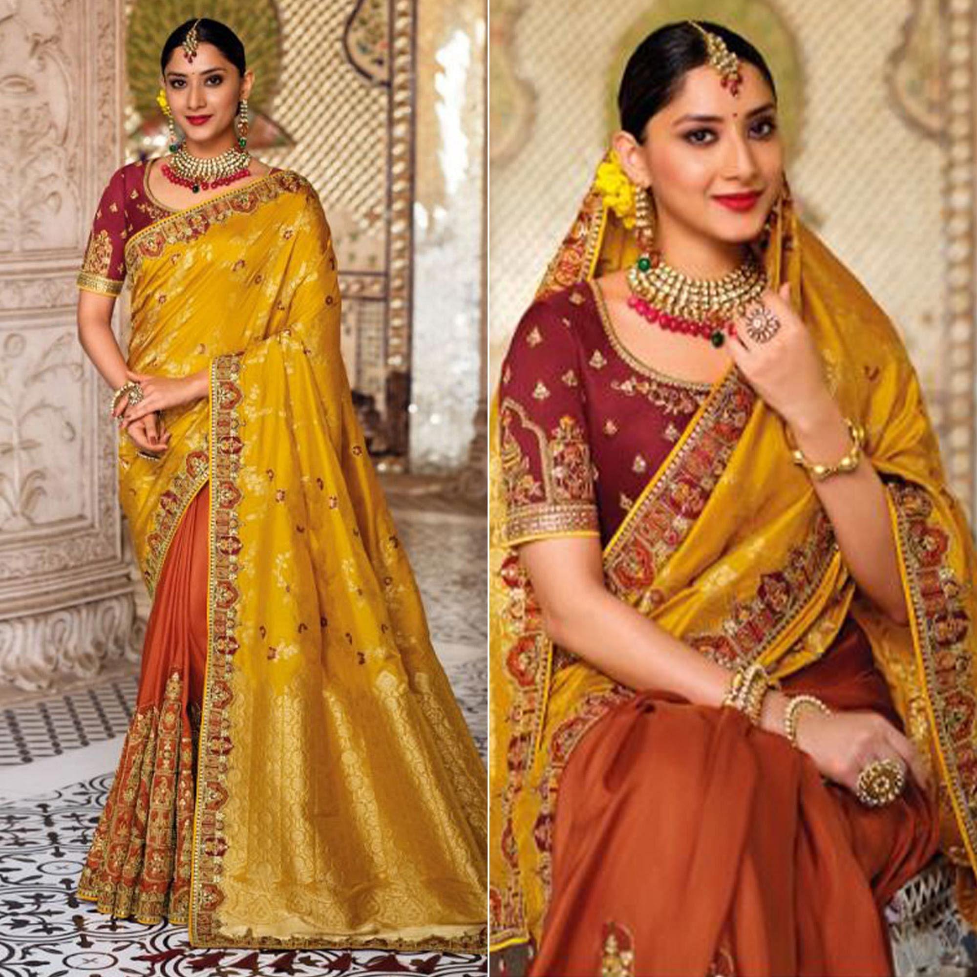 Orange-Yellow Festive Wear Woven Banarasi Silk Half & Half Saree - Peachmode