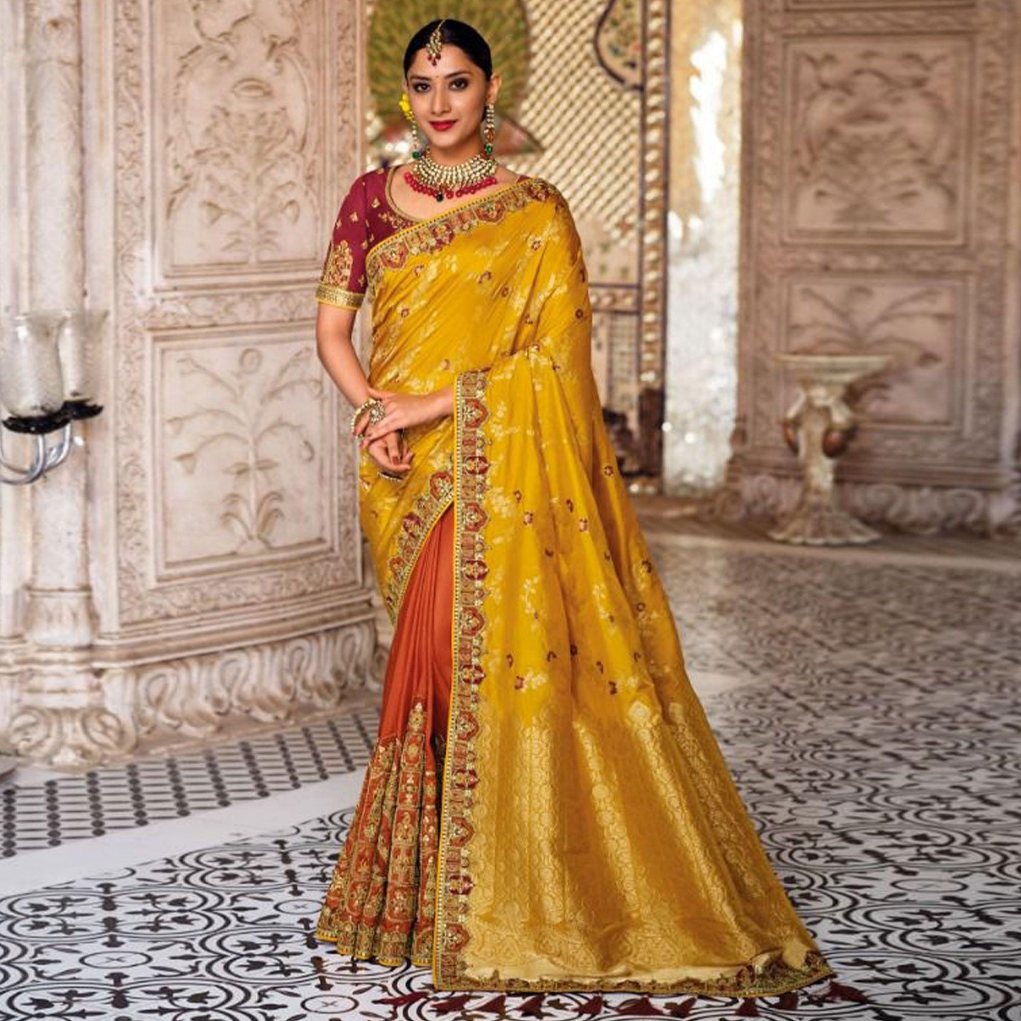 Orange-Yellow Festive Wear Woven Banarasi Silk Half & Half Saree - Peachmode