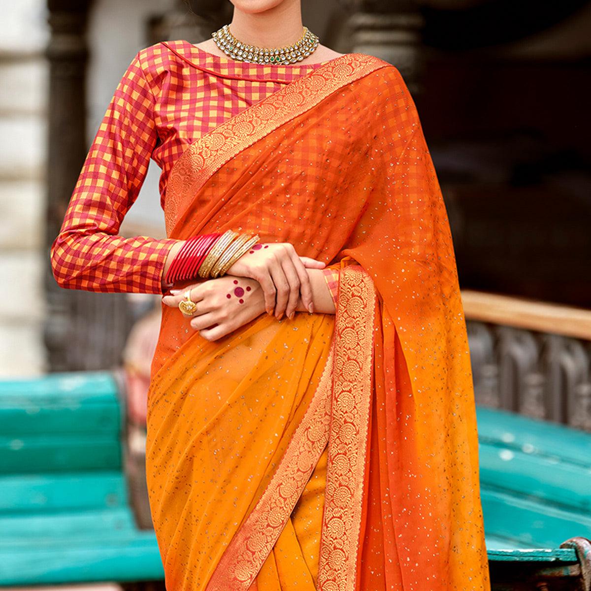 Orange-Yellow Partywear Printed Georgette Saree With Gold Zari - Peachmode