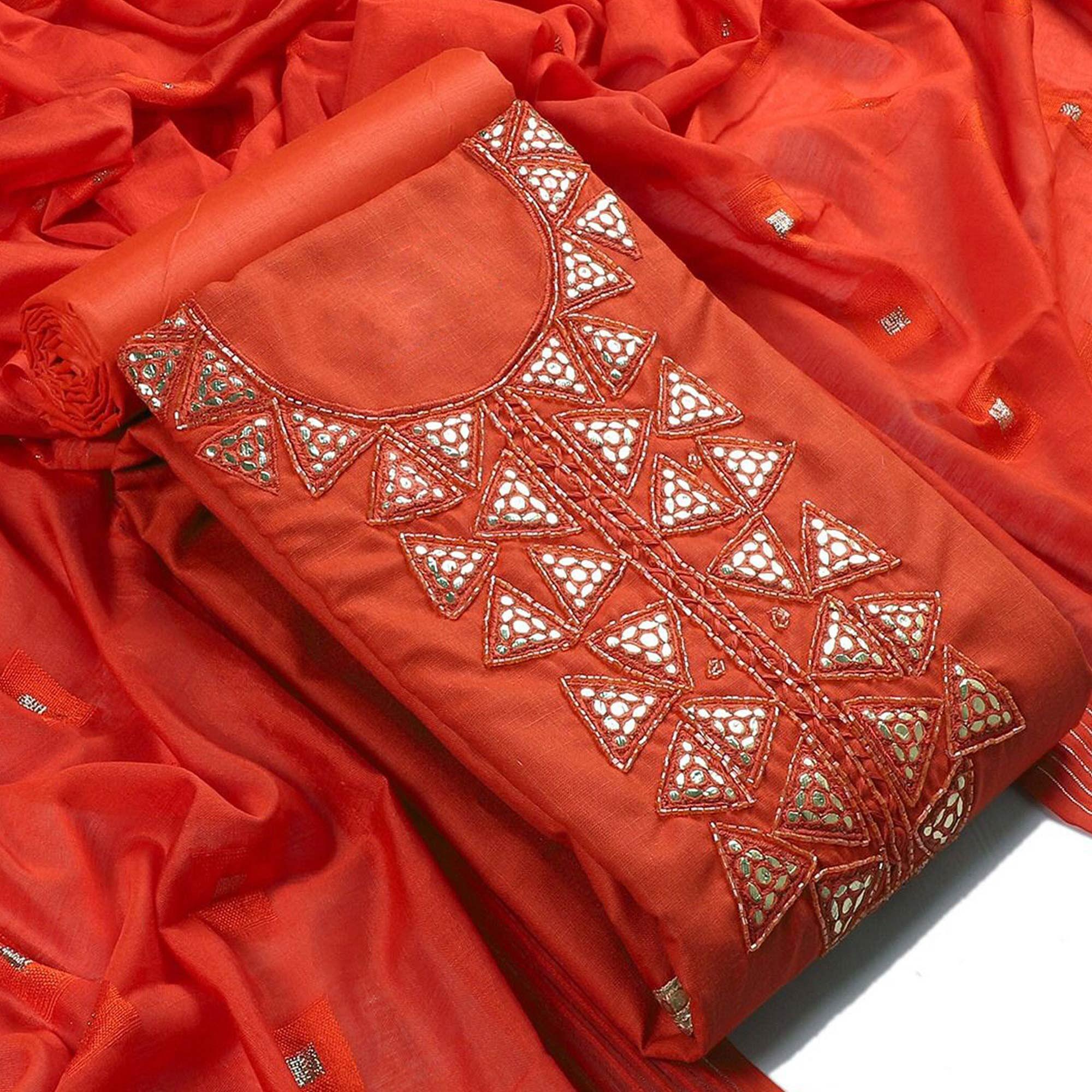 Orange Zardosi Embroidered Cotton Dress Material - Peachmode