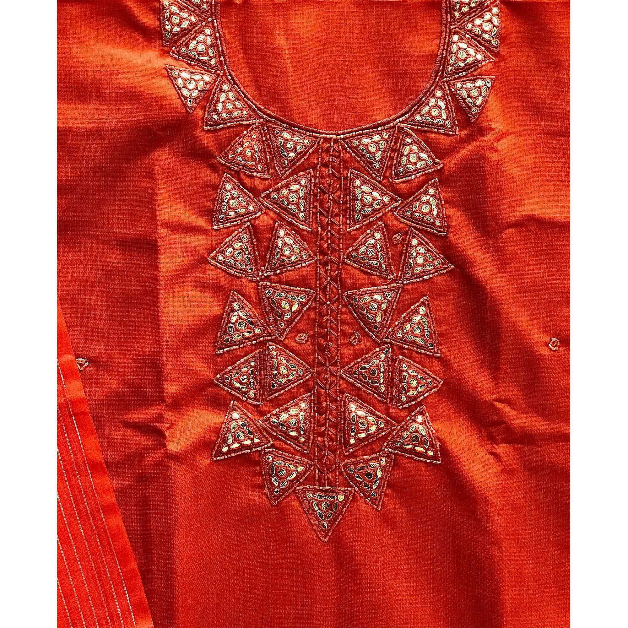 Orange Zardosi Embroidered Cotton Dress Material - Peachmode