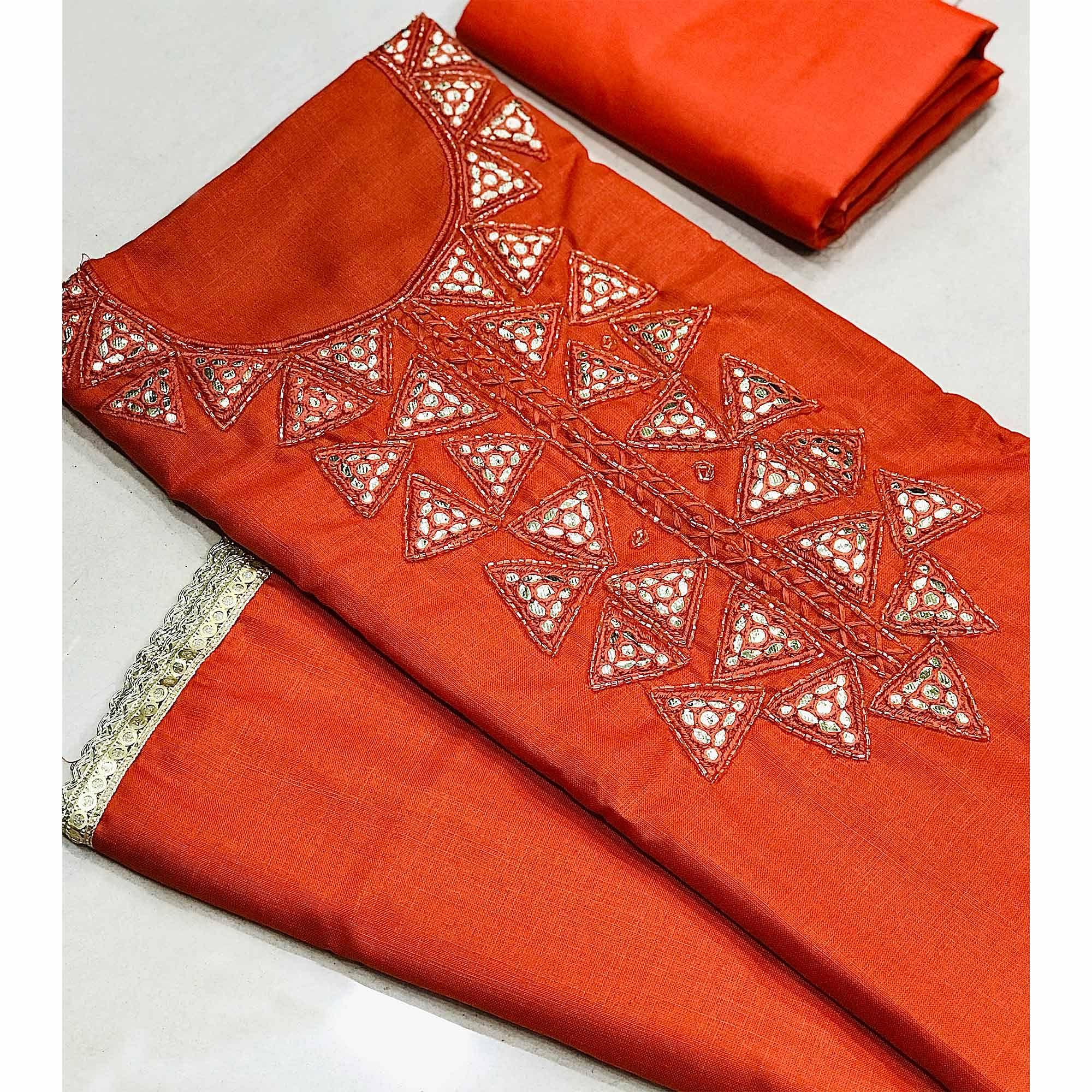 Orange Zardosi Embroidered Cotton Dress Material - Peachmode