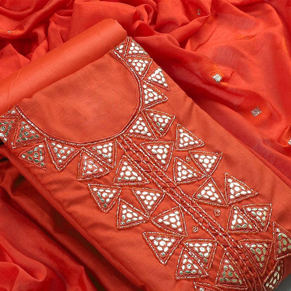 Orange Zardosi Embroidered Cotton Dress Material - Peachmode