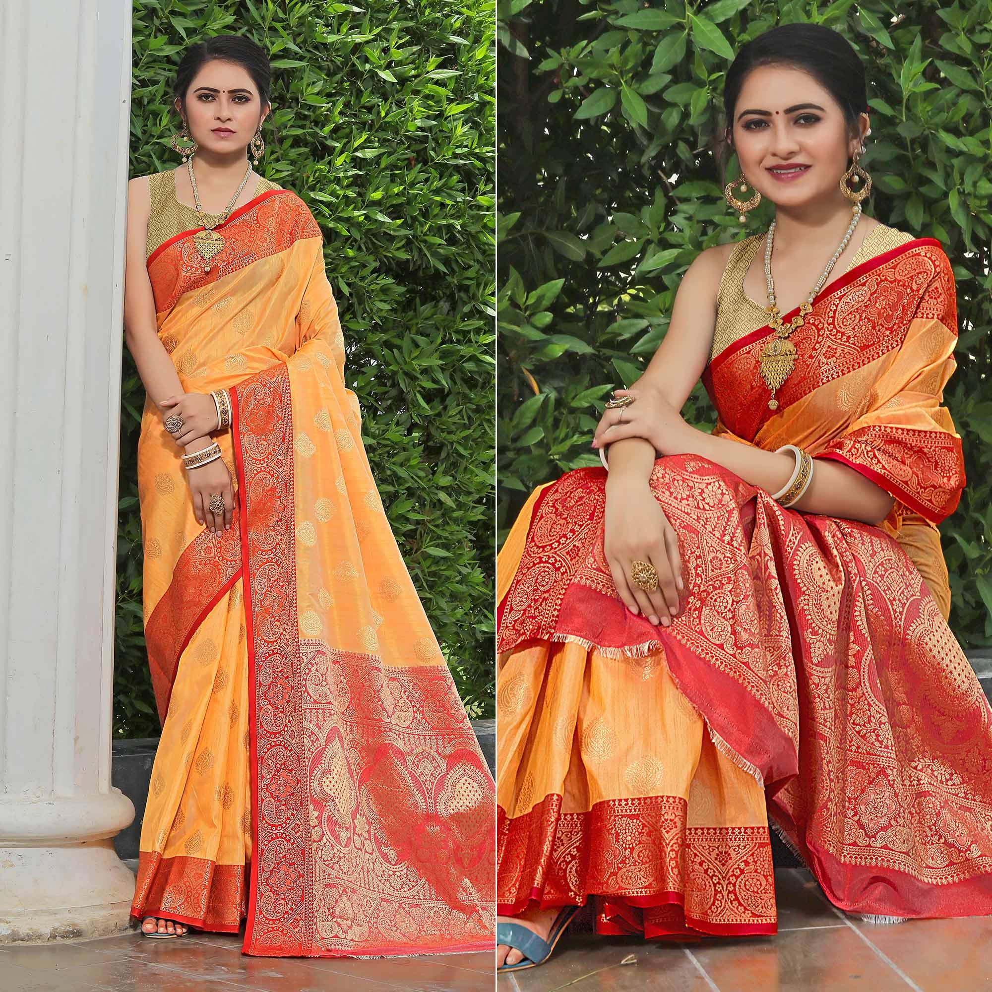 Orange Zari Woven Art Silk Saree - Peachmode