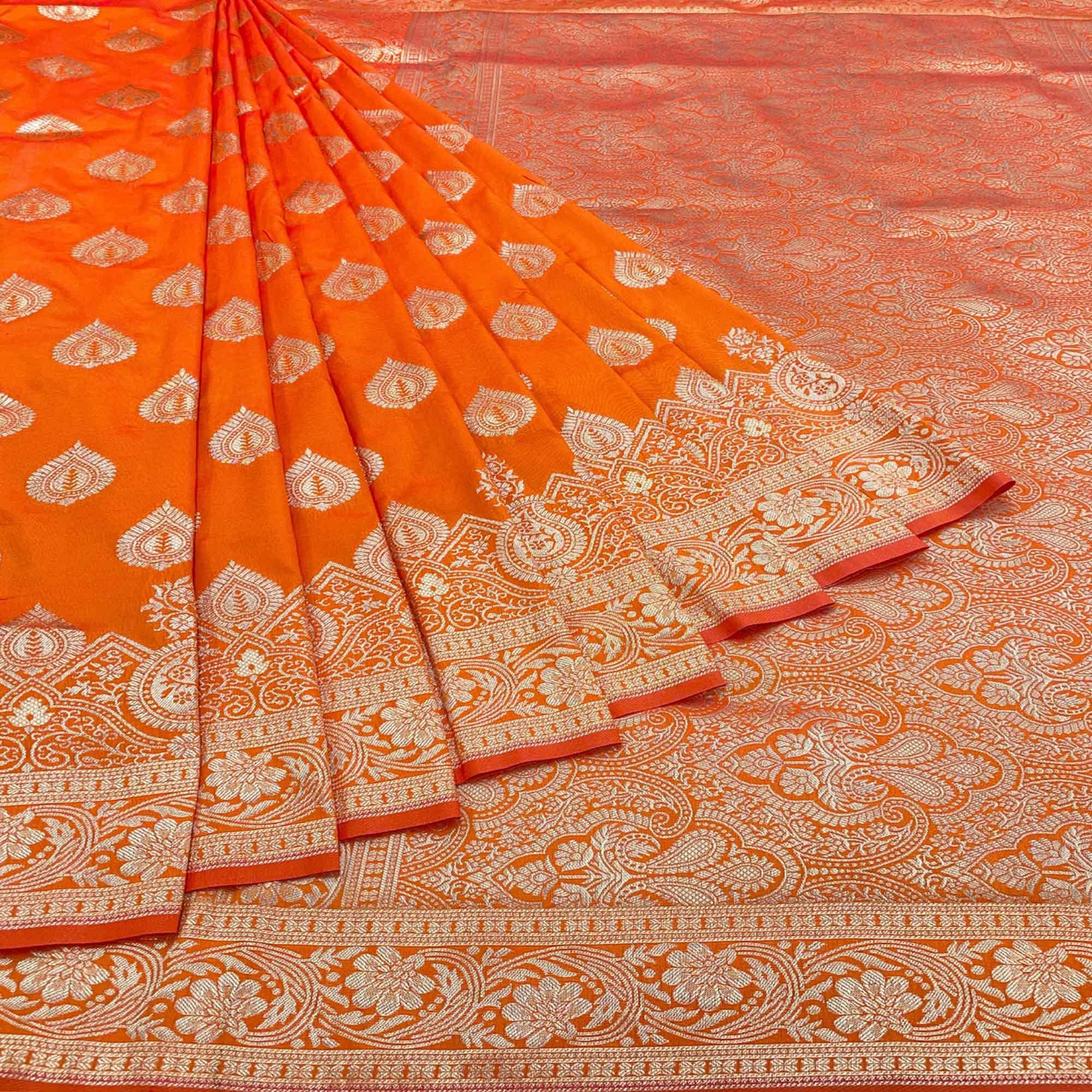Orange Zari Woven Art Silk Saree - Peachmode