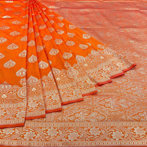 Orange Zari Woven Art Silk Saree - Peachmode