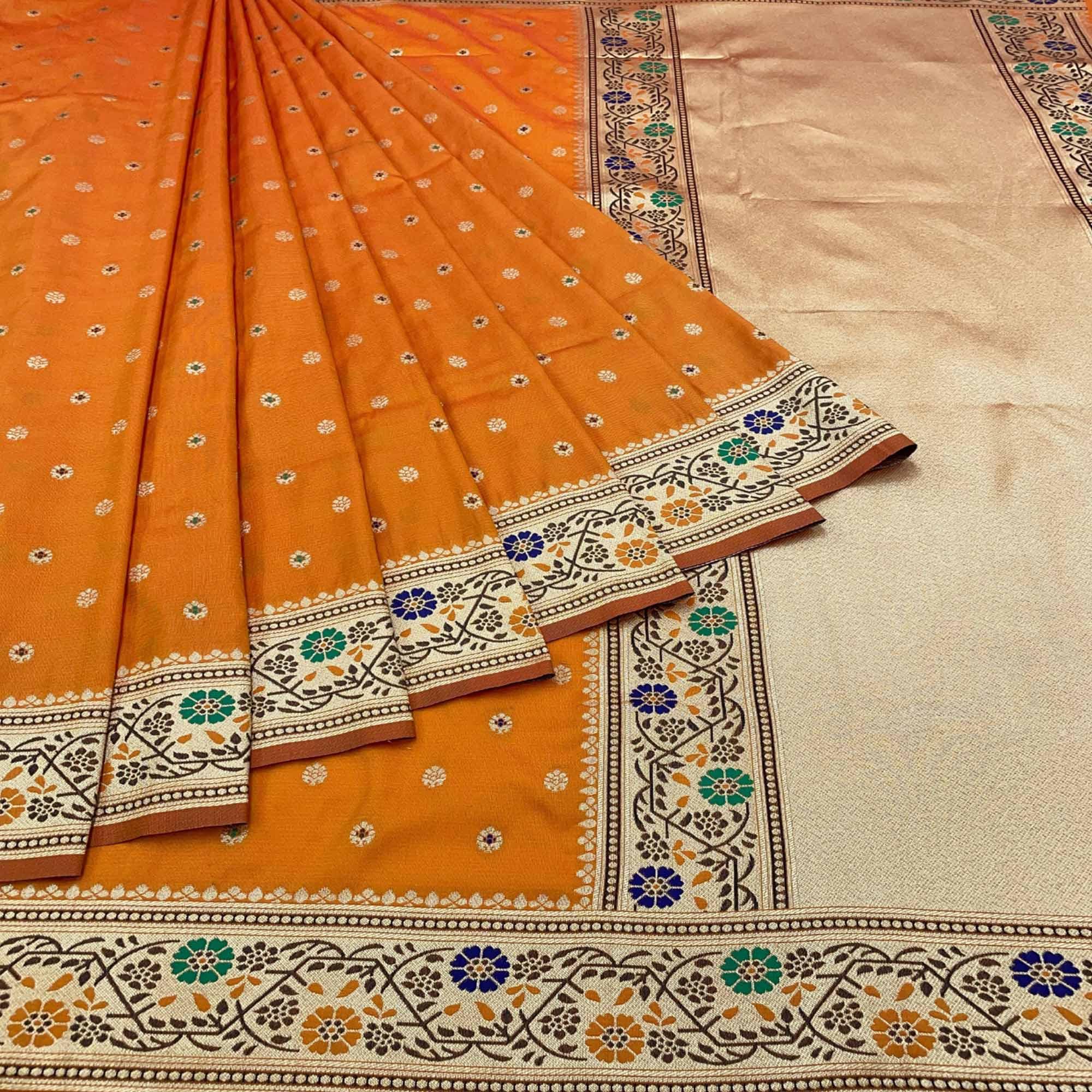 Orange Zari Woven Art Silk Saree - Peachmode