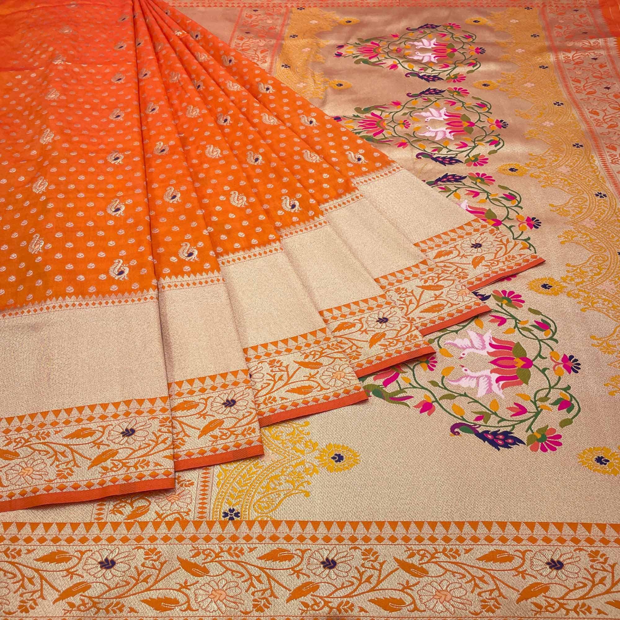 Orange Zari Woven Art Silk Saree - Peachmode