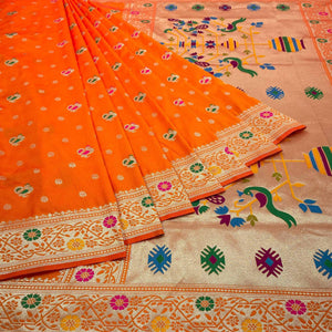 Orange Zari Woven Art Silk Saree - Peachmode