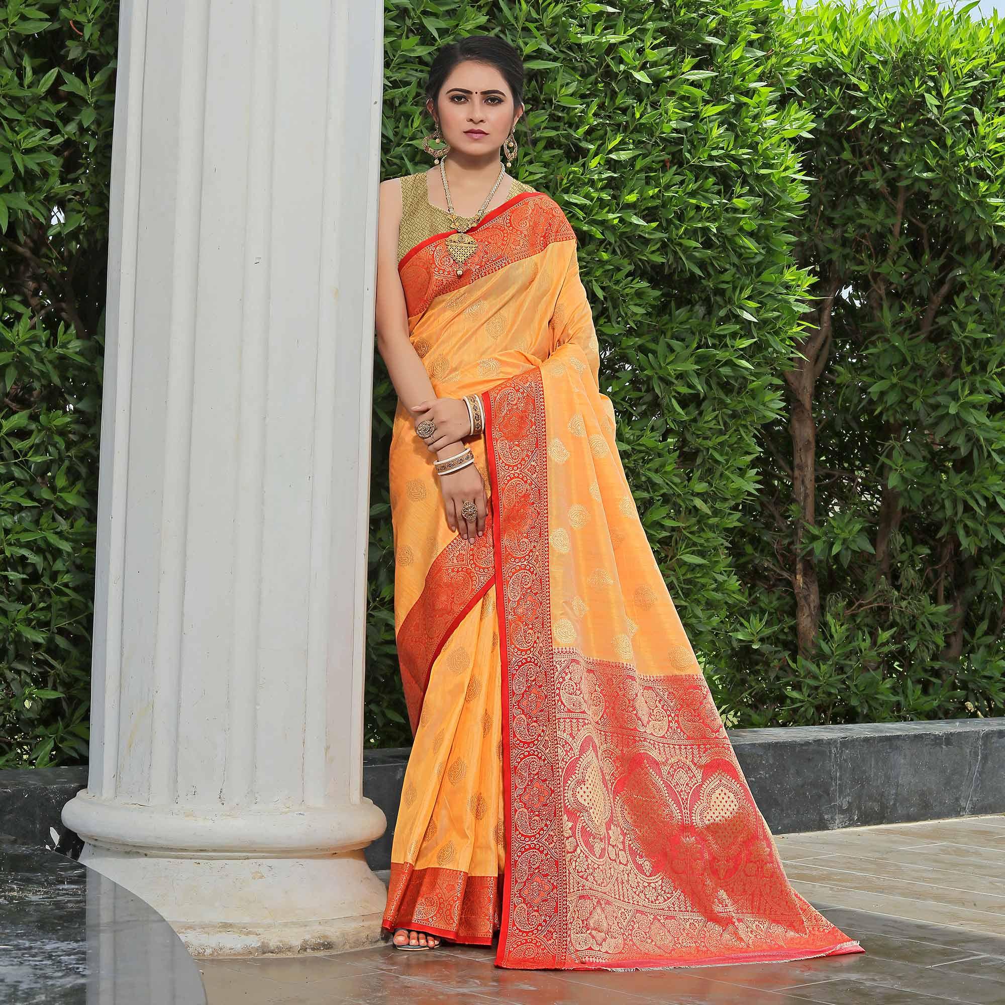 Orange Zari Woven Art Silk Saree - Peachmode