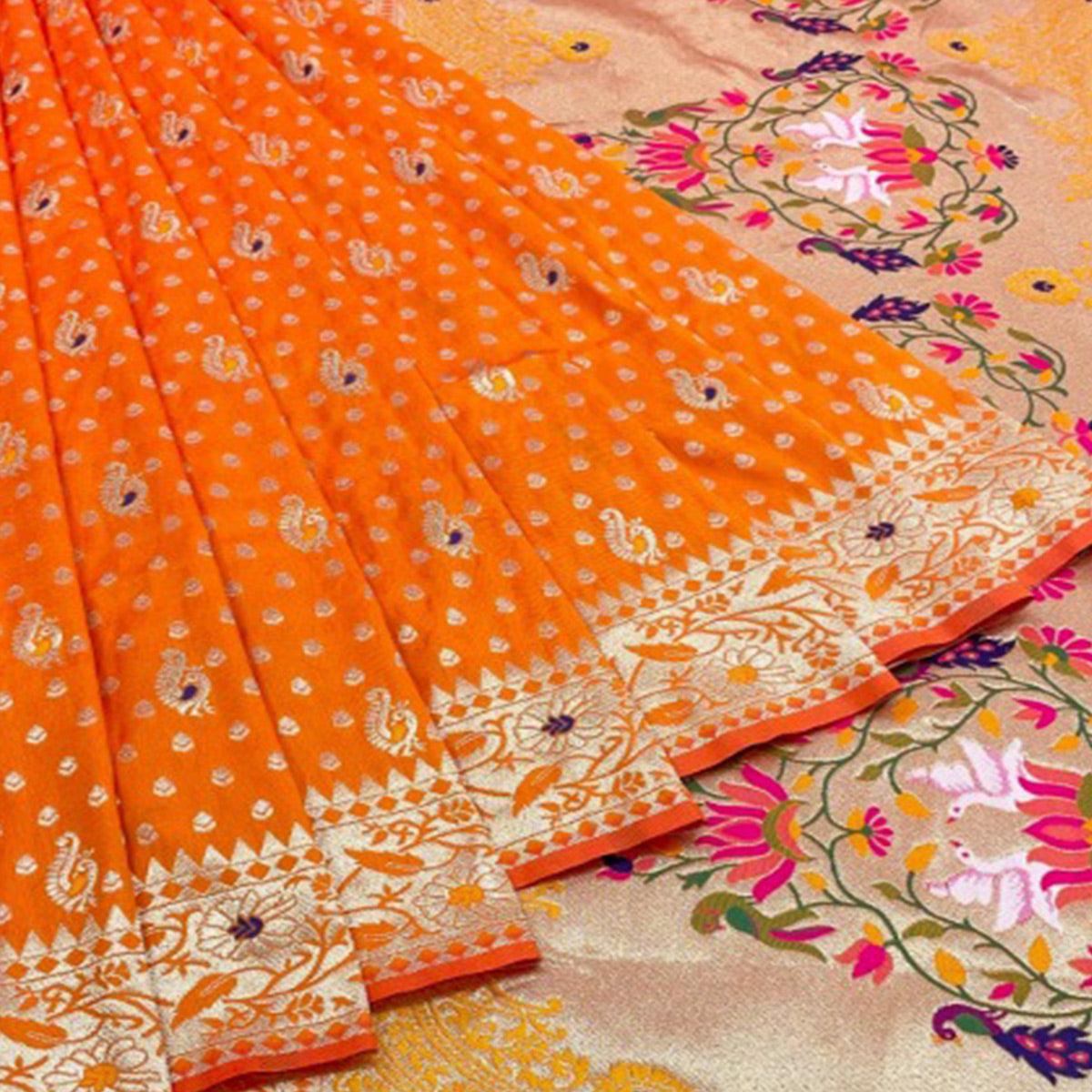 Orange Zari Woven Art Silk Saree - Peachmode