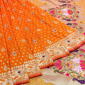 Orange Zari Woven Art Silk Saree - Peachmode