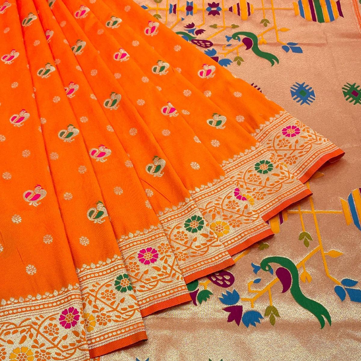 Orange Zari Woven Art Silk Saree - Peachmode