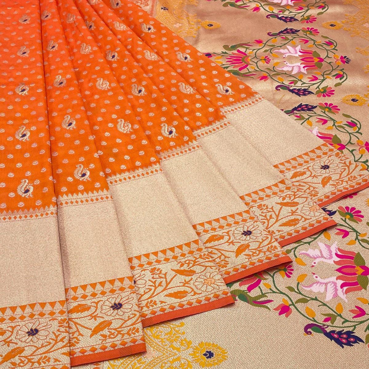 Orange Zari Woven Art Silk Saree - Peachmode