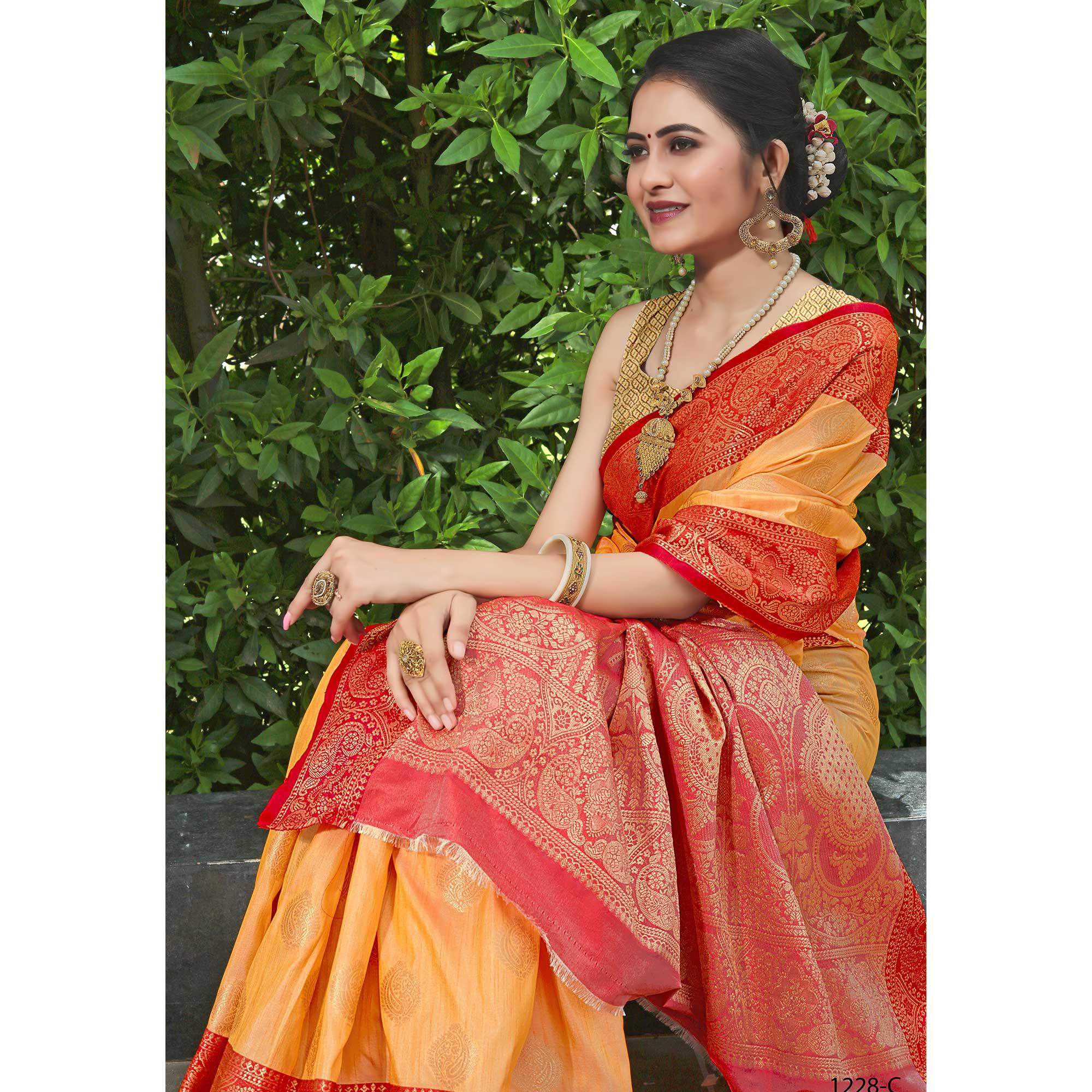 Orange Zari Woven Art Silk Saree - Peachmode