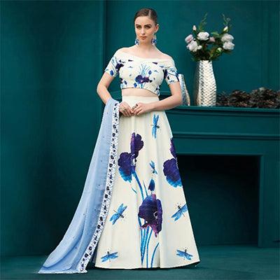 Outstanding Off-White Colored Designer Partywear Digital Printed Silk Lehenga Choli - Peachmode