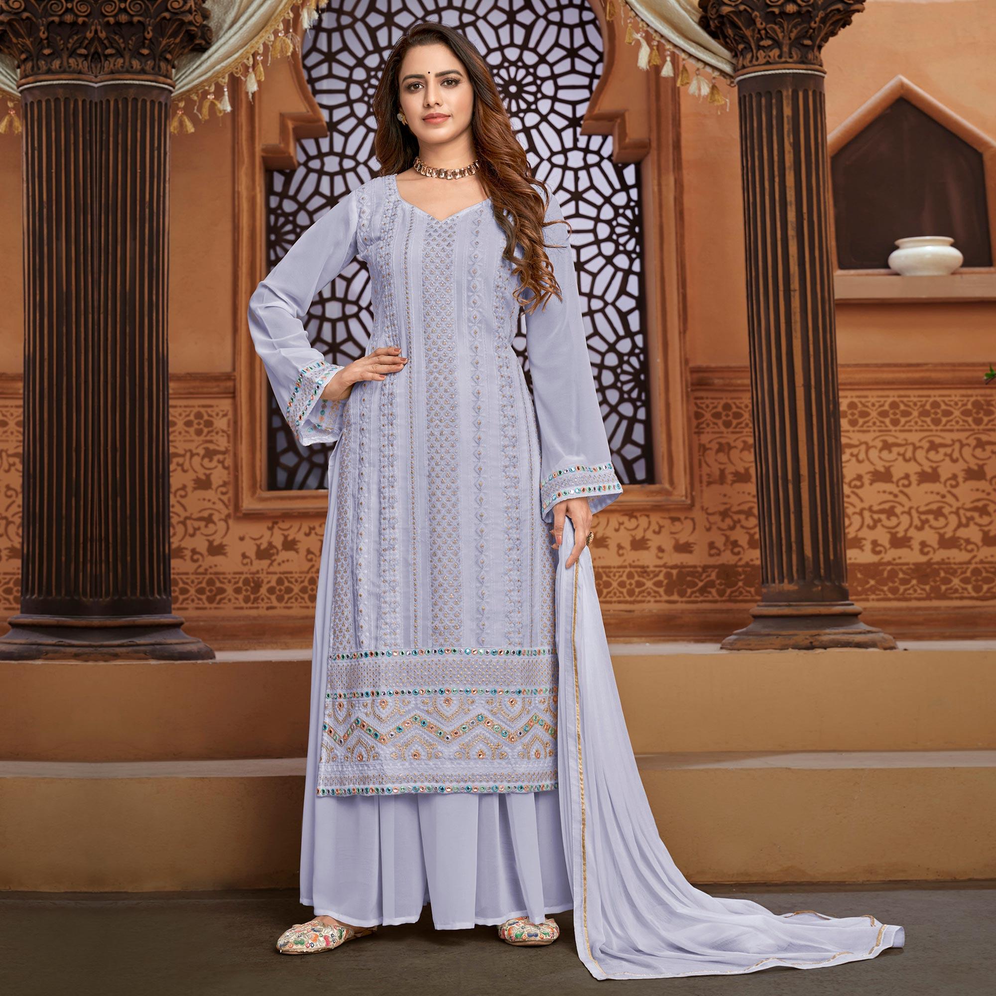 Pale Blue Partywear Designer Embroidered Heavy Faux Georgette Palazzo Suit - Peachmode