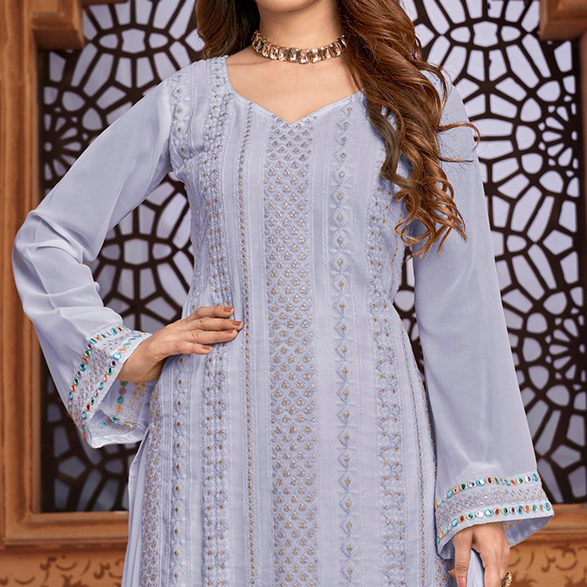 Pale Blue Partywear Designer Embroidered Heavy Faux Georgette Palazzo Suit - Peachmode
