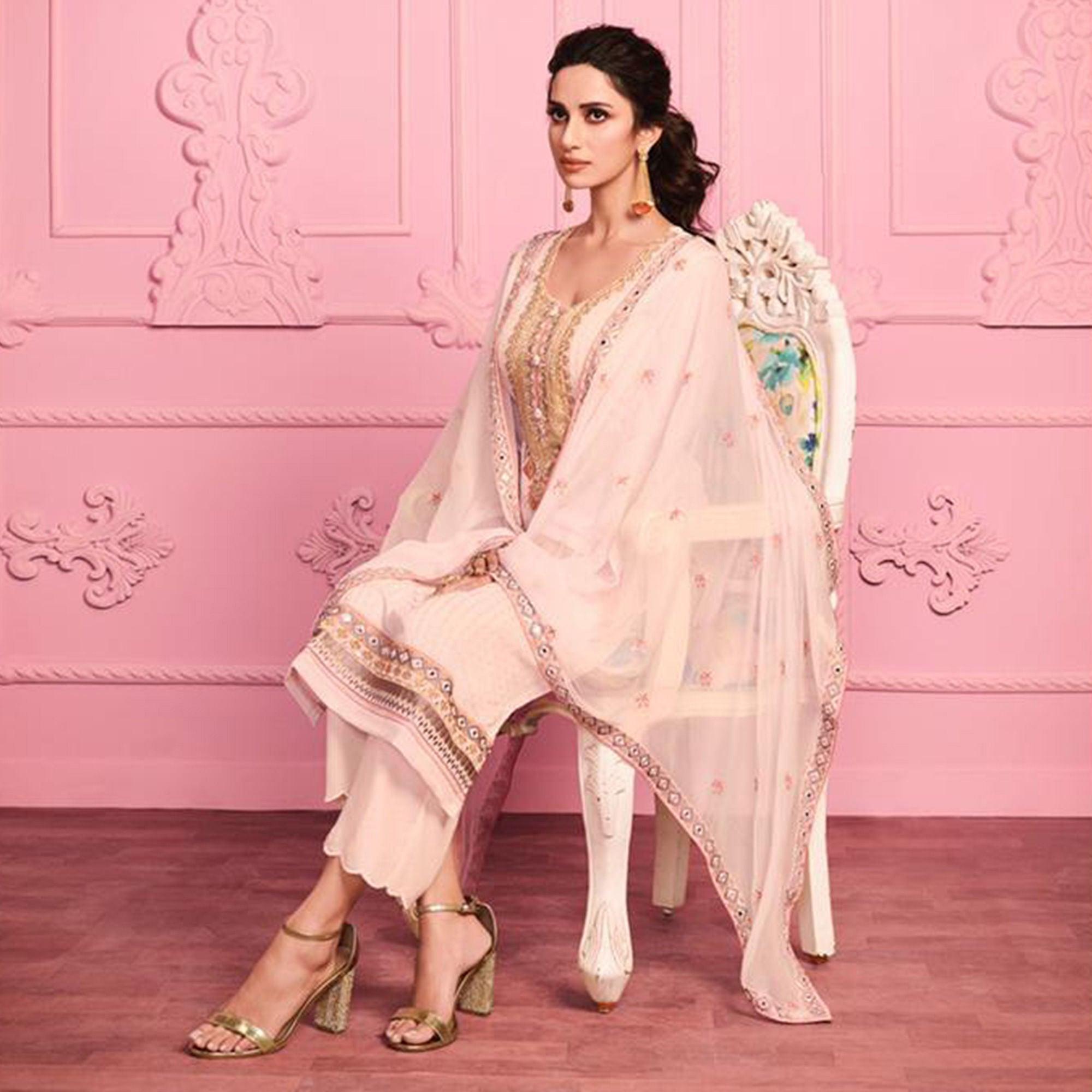 Pale Pink Partywear Thread & Zari Floral Embroidery Alizeh Georgette Suit - Peachmode