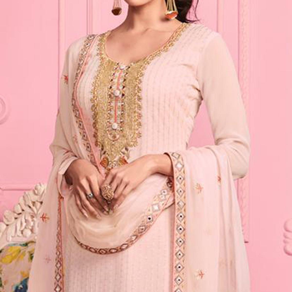 Pale Pink Partywear Thread & Zari Floral Embroidery Alizeh Georgette Suit - Peachmode