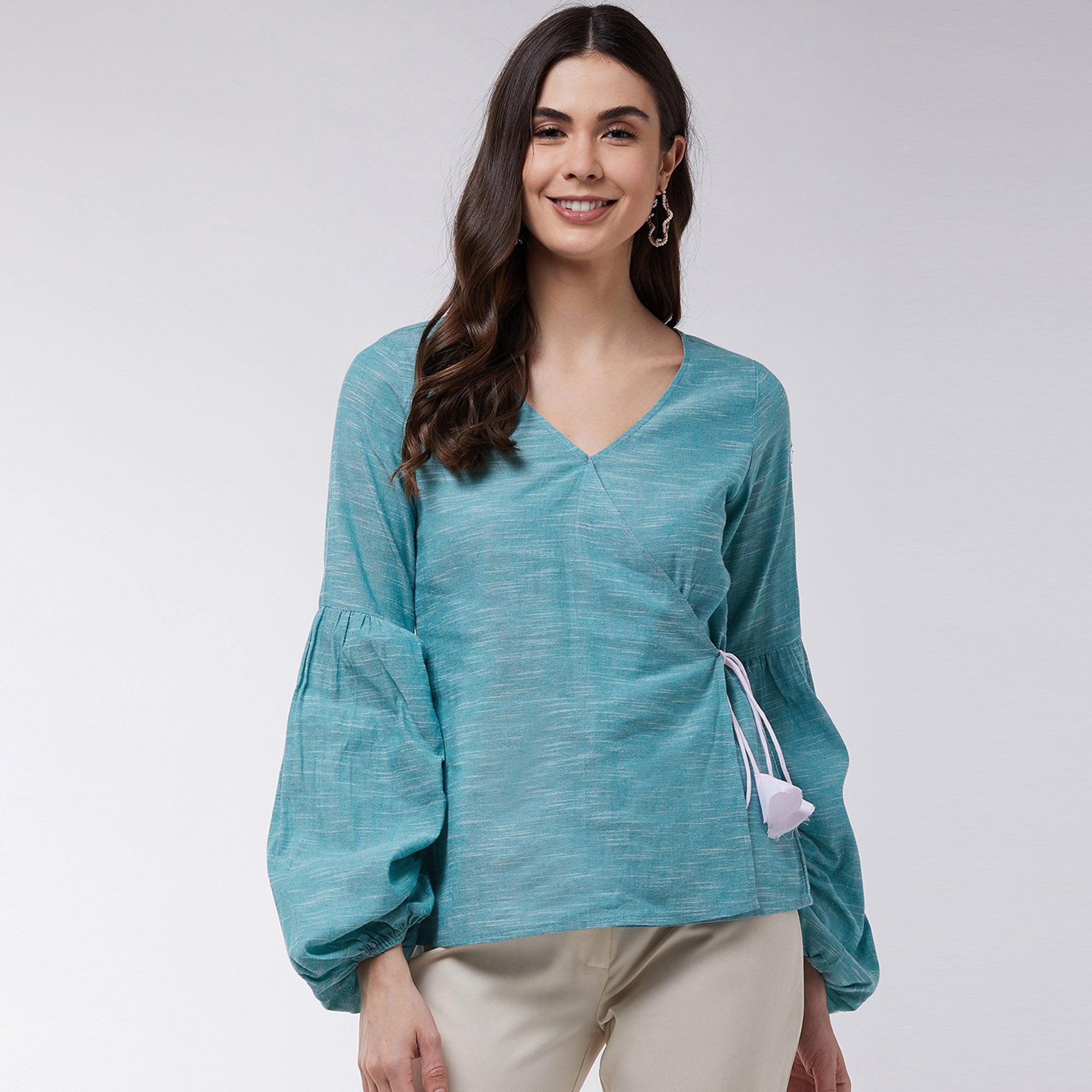 Pannkh - Women's Angarkha Style Extended Puff Sleeve Chambray Top - Peachmode