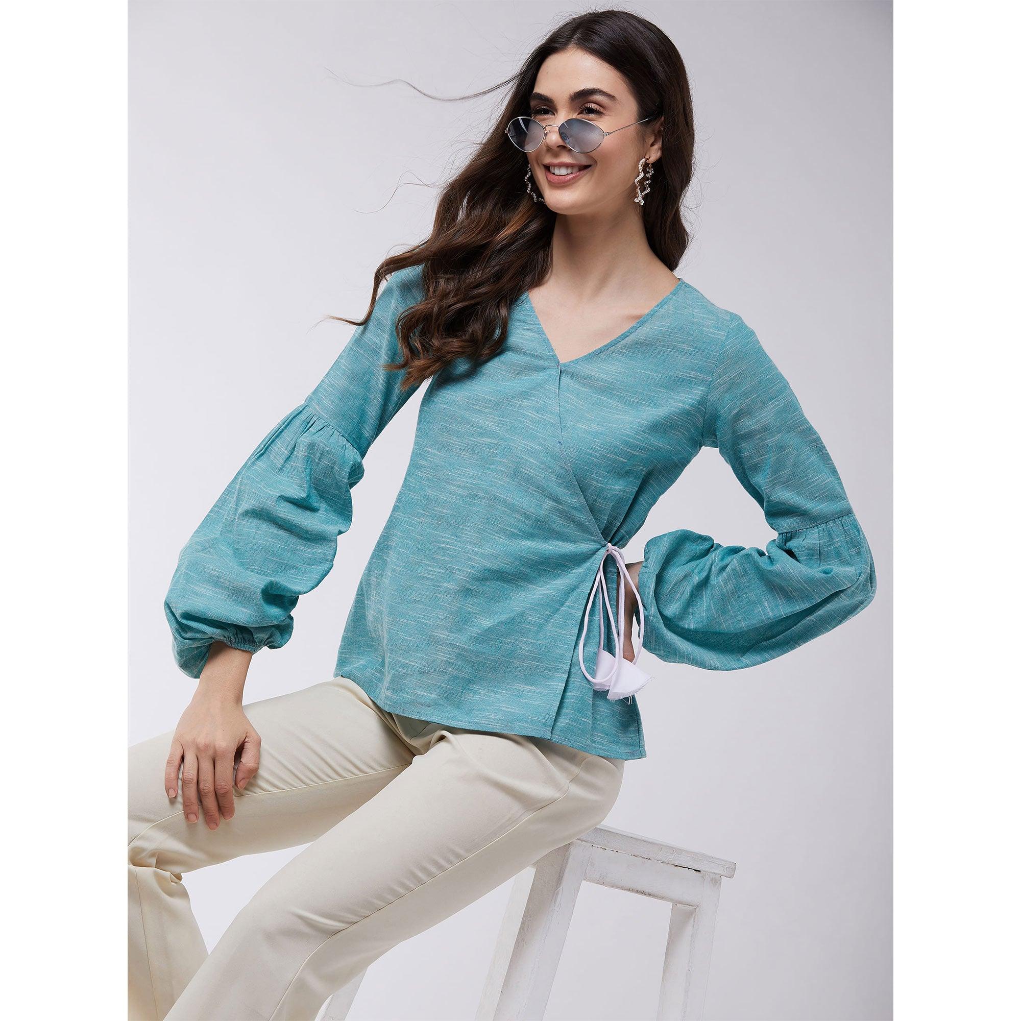 Pannkh - Women's Angarkha Style Extended Puff Sleeve Chambray Top - Peachmode