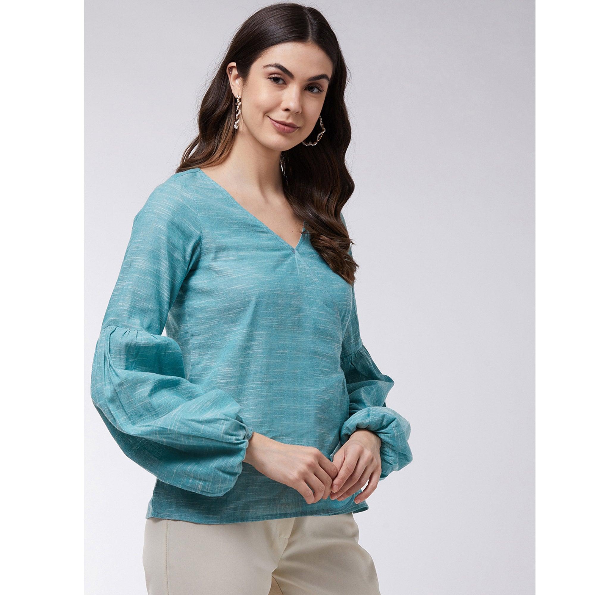 Pannkh - Women's Angarkha Style Extended Puff Sleeve Chambray Top - Peachmode