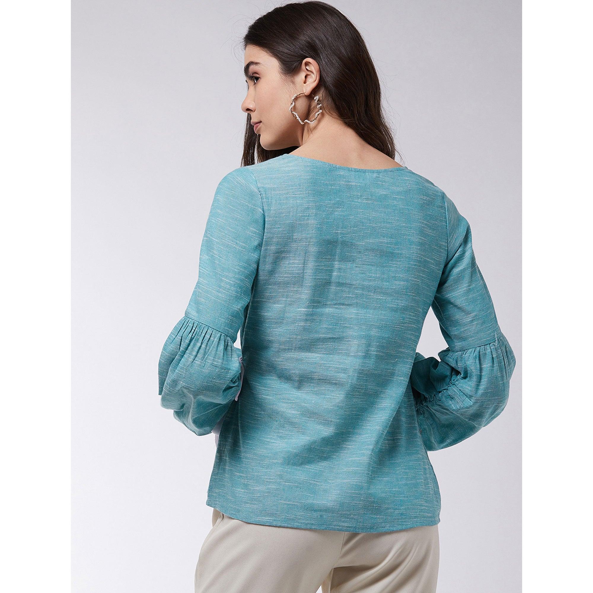 Pannkh - Women's Angarkha Style Extended Puff Sleeve Chambray Top - Peachmode