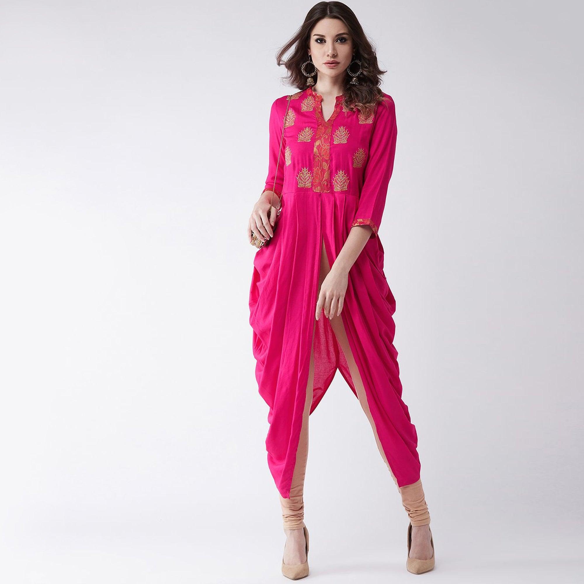 Pannkh - Women's Pink Colored Embroidered Rayon Cowl Kurti - Peachmode