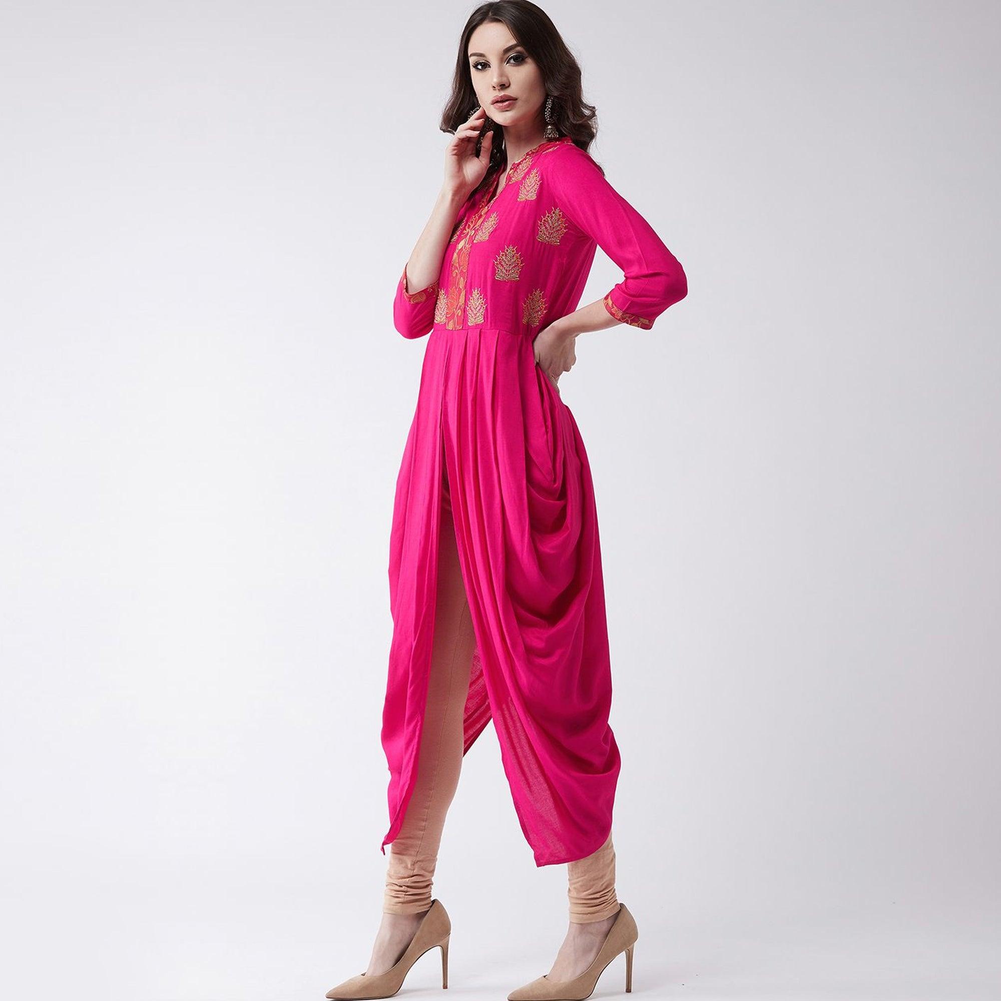 Pannkh - Women's Pink Colored Embroidered Rayon Cowl Kurti - Peachmode