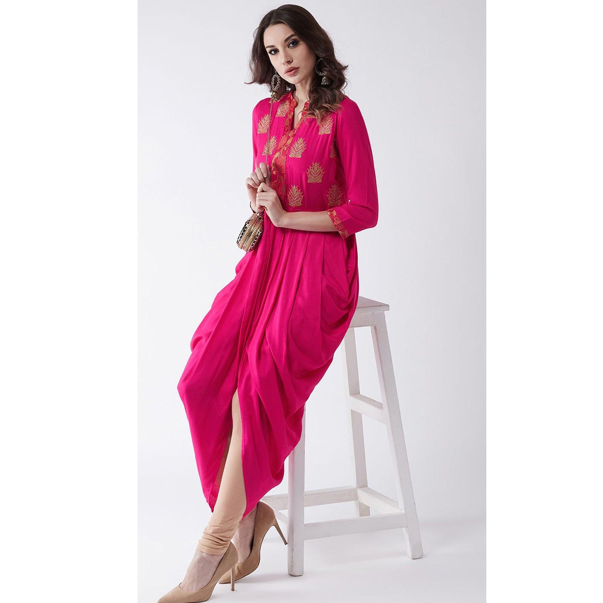 Pannkh - Women's Pink Colored Embroidered Rayon Cowl Kurti - Peachmode