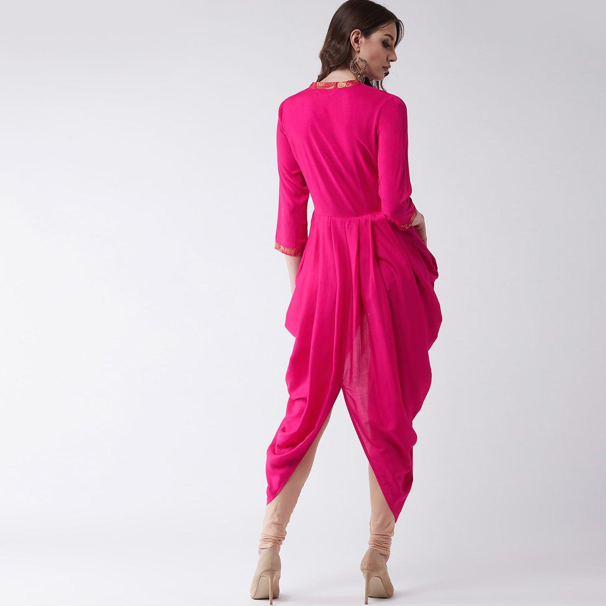 Pannkh - Women's Pink Colored Embroidered Rayon Cowl Kurti - Peachmode