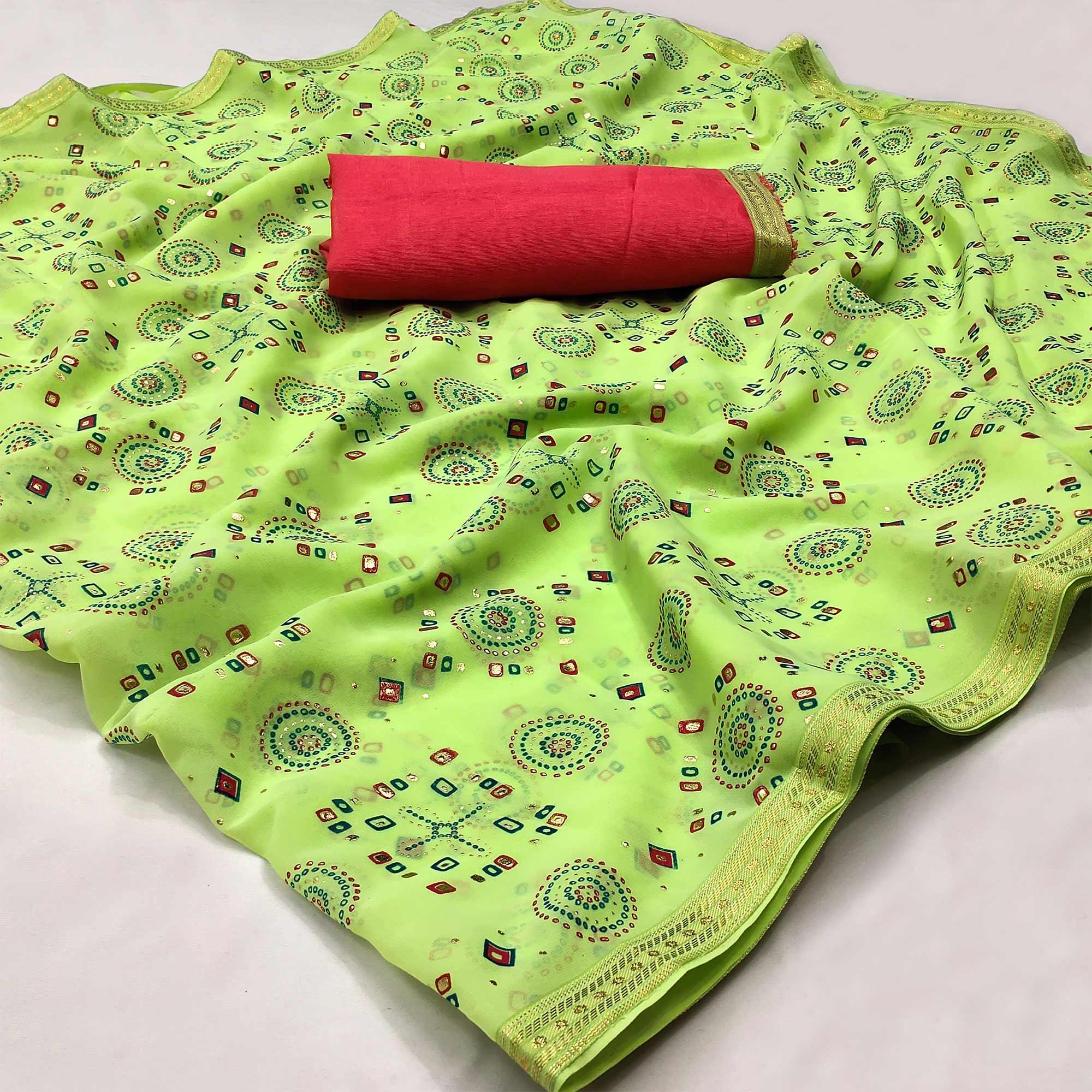 Parrot Green Casual Wear Block Printed With Foil Work Georgette Saree - Peachmode