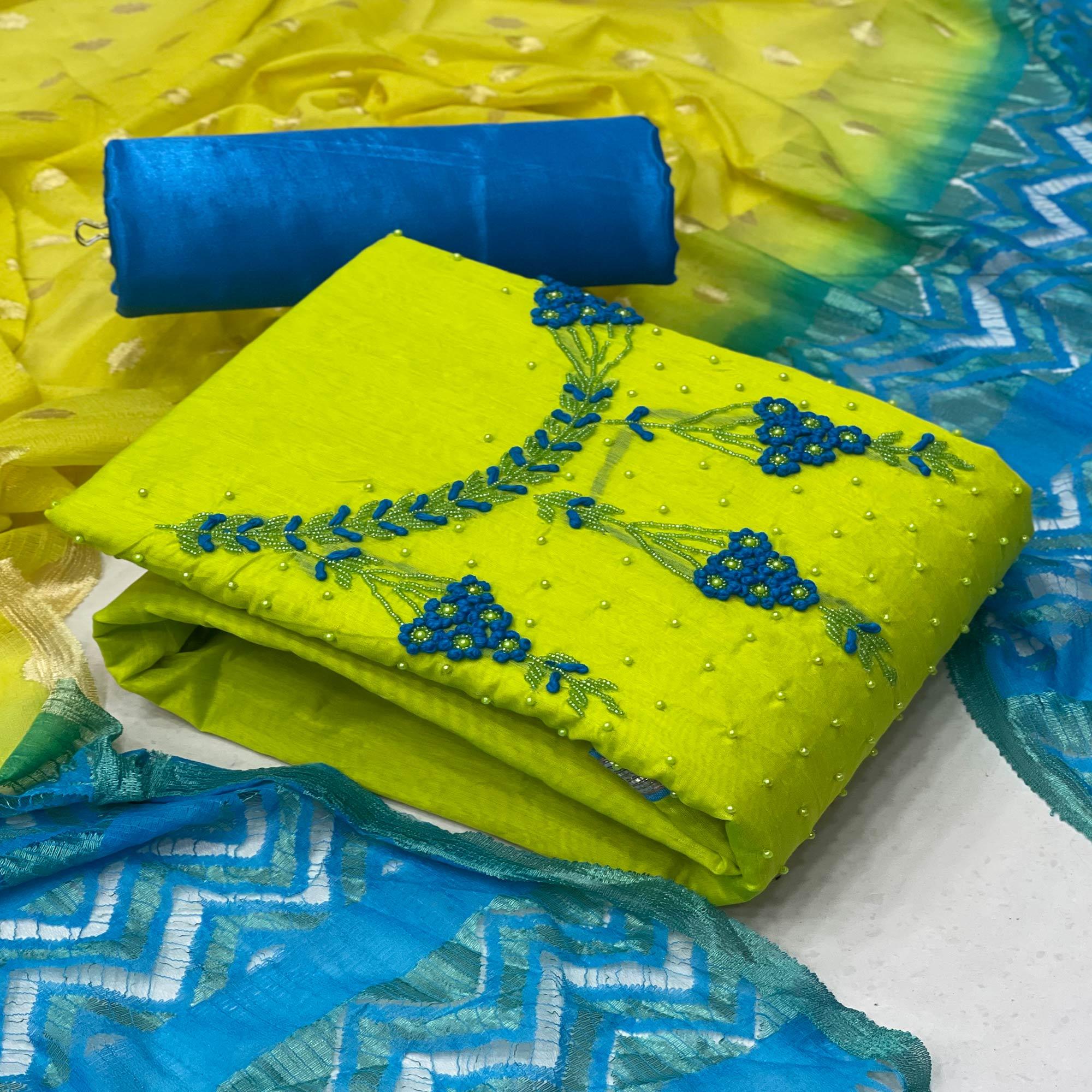 Parrot Green Casual Wear Embellished With Embroidered Modal Silk Dress Material Parrot Green Casual Wear Embellished With Embroidered Modal Silk Dress Material