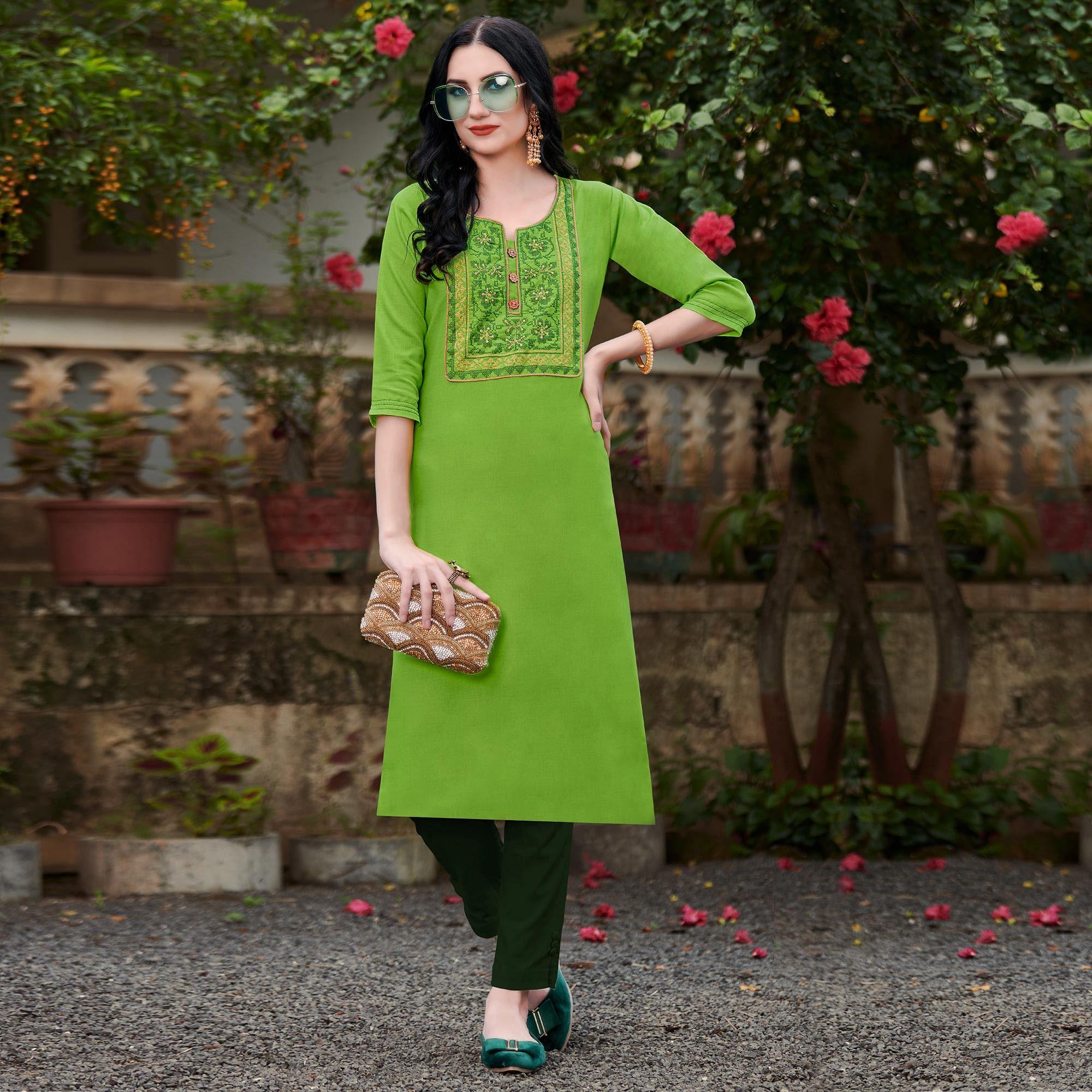 Parrot Green Casual Wear Embroidered Cotton Kurti - Peachmode