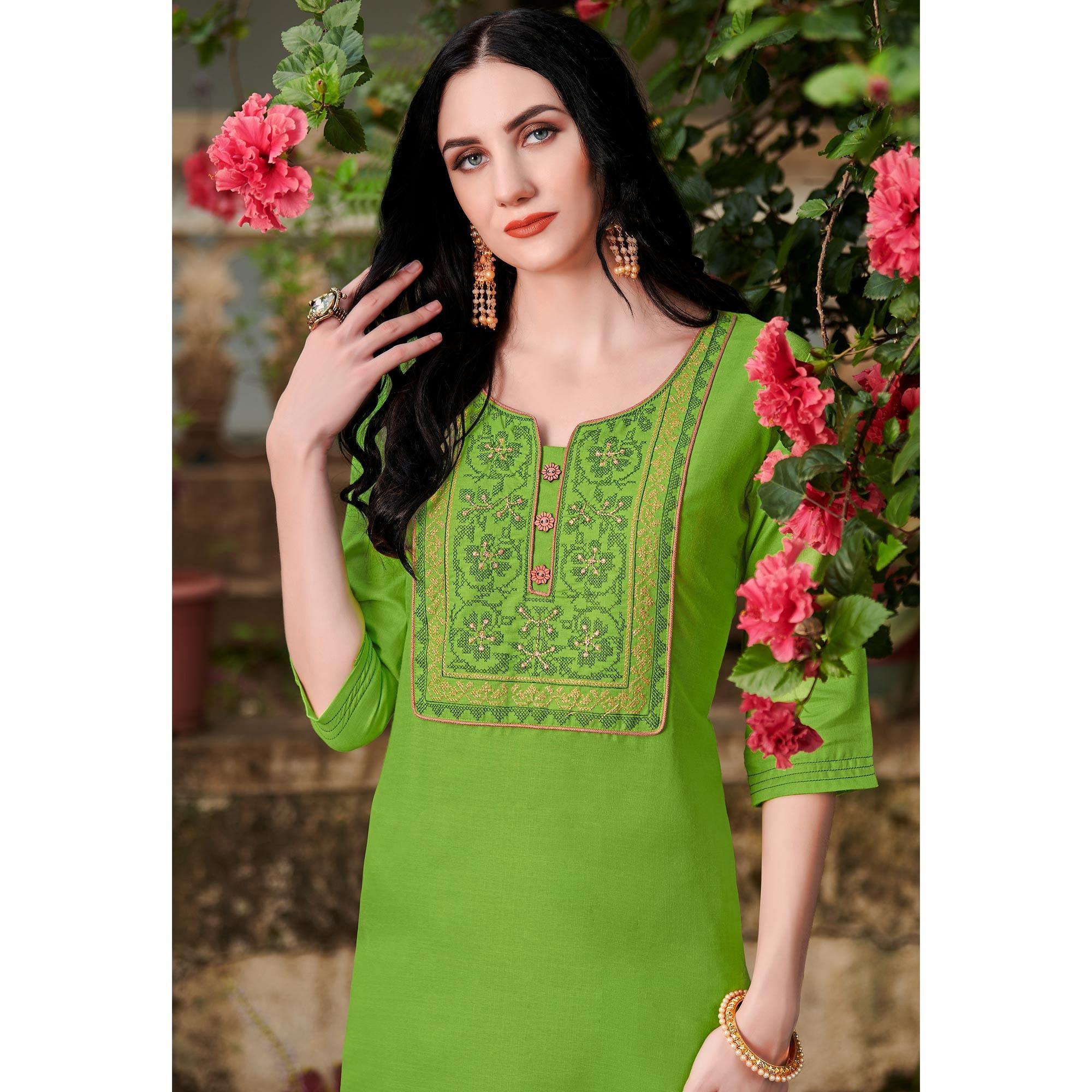 Parrot Green Casual Wear Embroidered Cotton Kurti - Peachmode