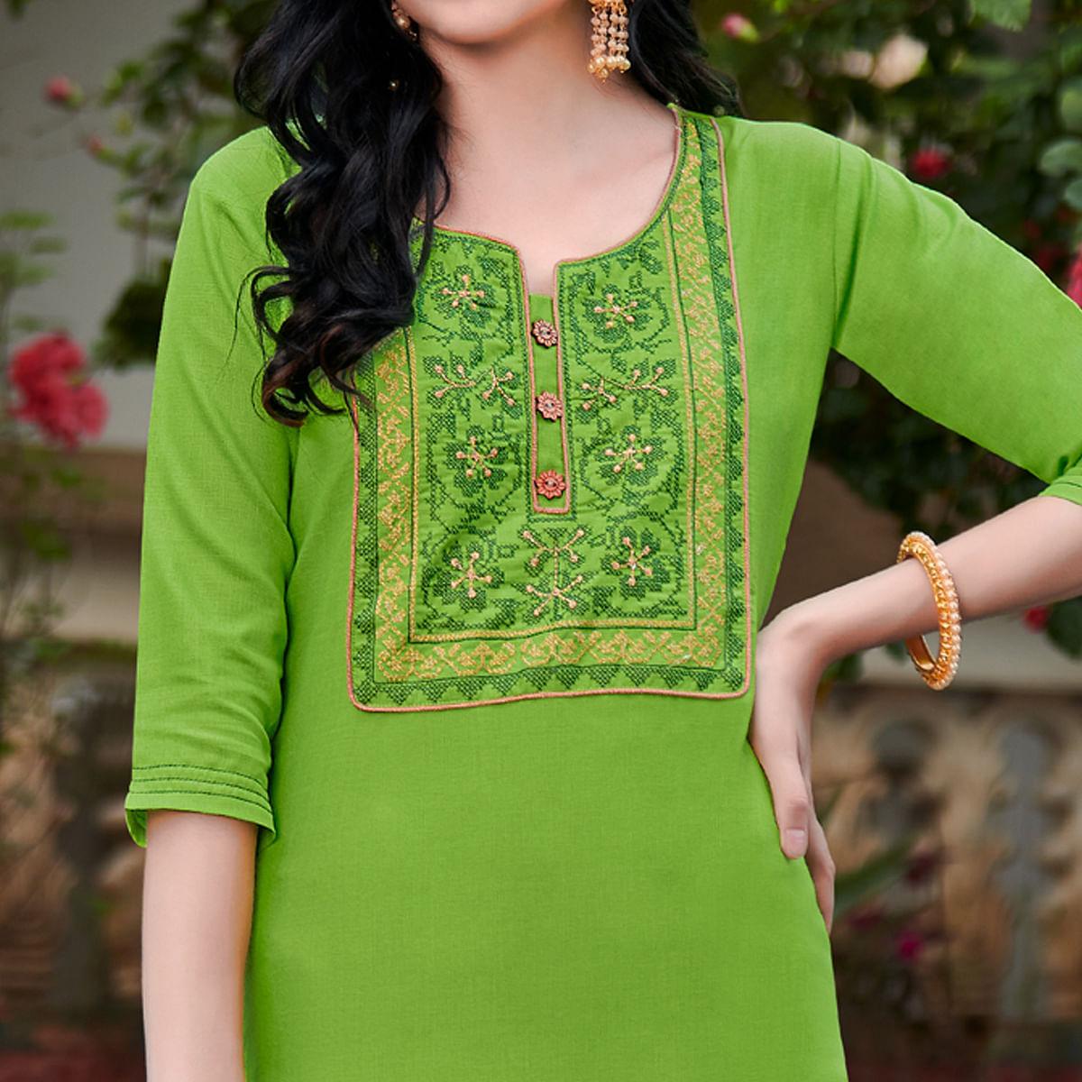 Parrot Green Casual Wear Embroidered Cotton Kurti - Peachmode