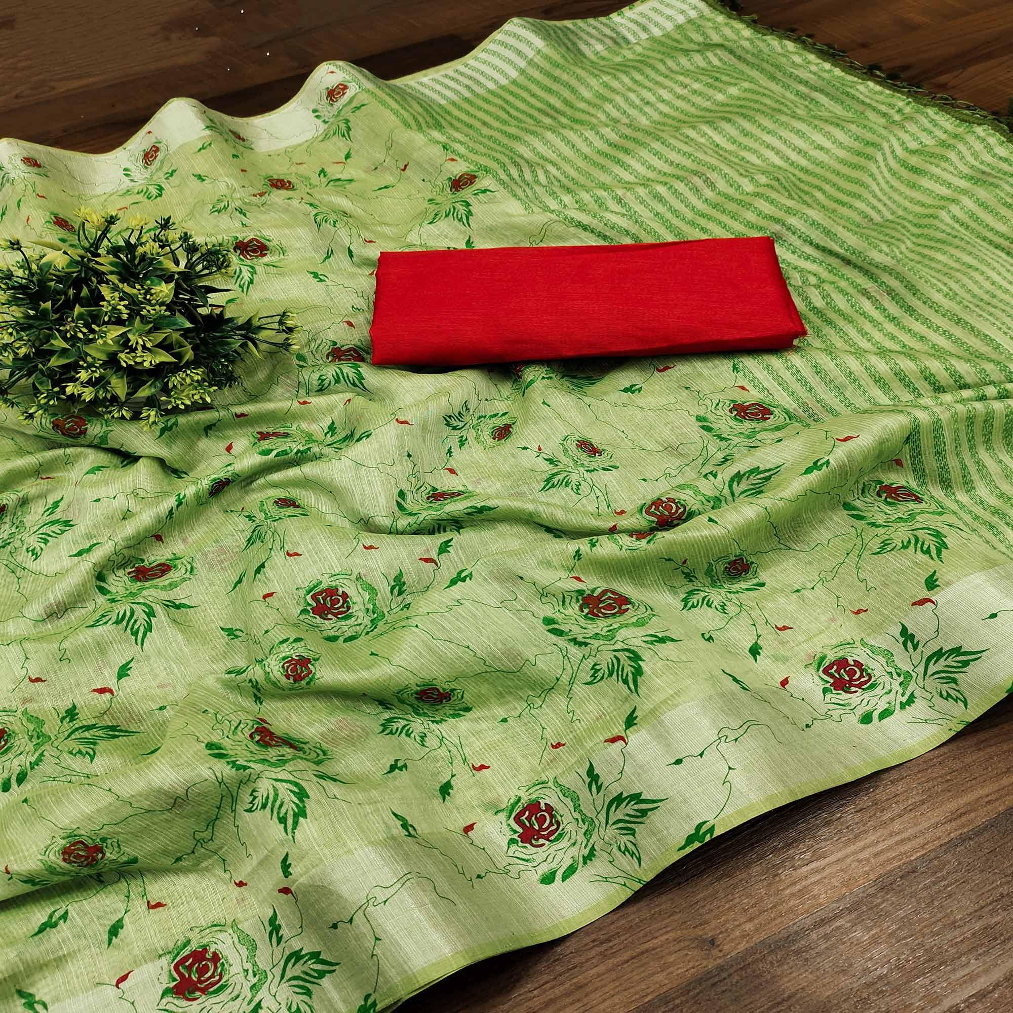 Parrot Green Casual Wear Floral Block Printed Cotton Blend Saree - Peachmode