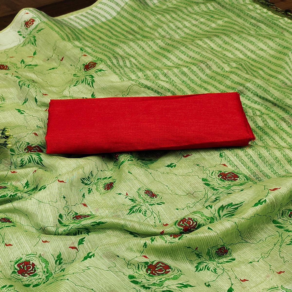 Parrot Green Casual Wear Floral Block Printed Cotton Blend Saree - Peachmode