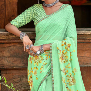 Parrot Green Casual Wear Floral Printed Chiffon Saree With Fancy Blouse - Peachmode