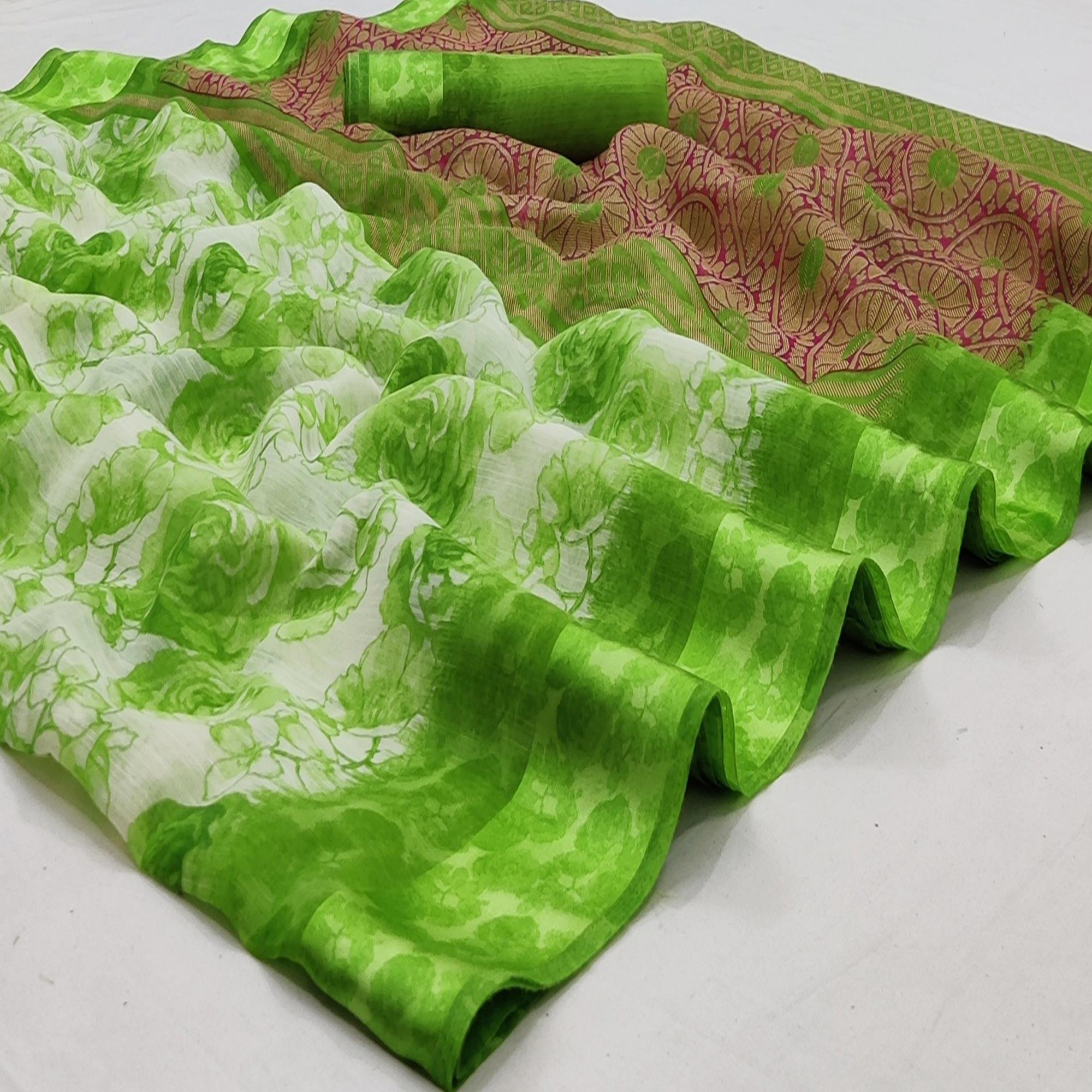 Parrot Green Casual Wear Floral Printed Linen-Satin Saree - Peachmode