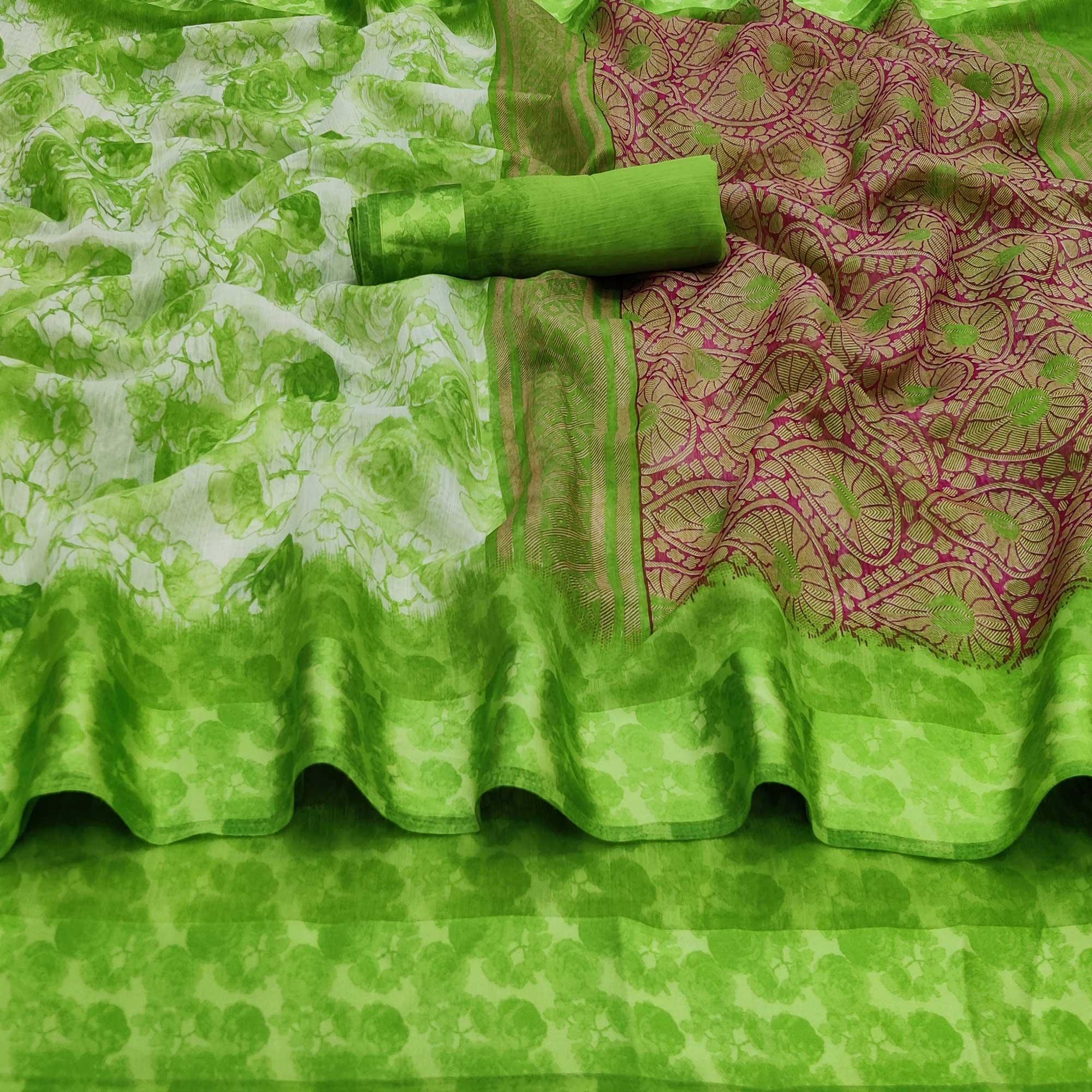 Parrot Green Casual Wear Floral Printed Linen-Satin Saree - Peachmode