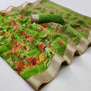 Parrot Green Casual Wear Floral Printed With Jari Border Cotton Saree - Peachmode